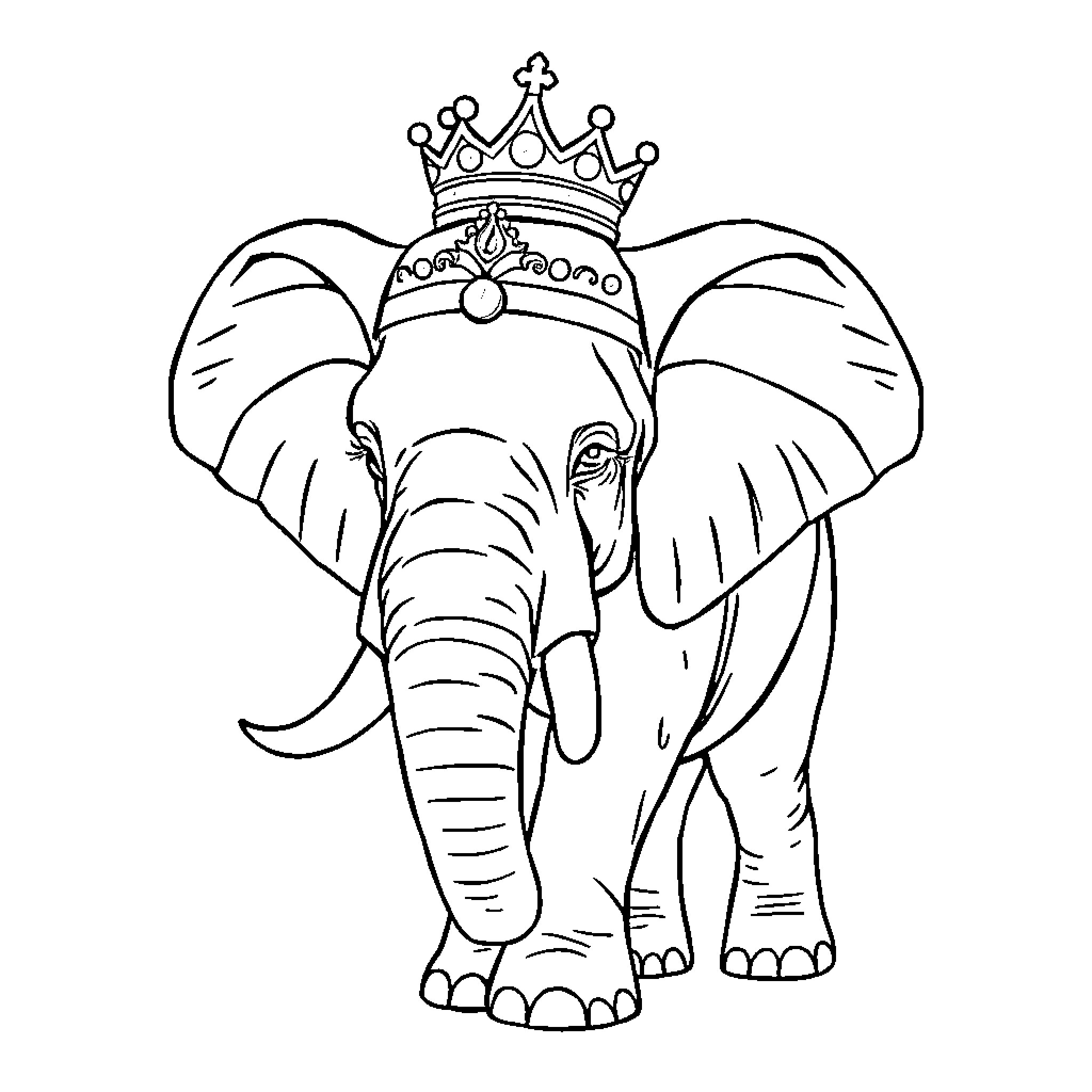 Elephant wearing a majestic crown Coloring Page (free black-and-white line drawing printable PDF for all, from beginners to advanced learners, including children, teens, adults, and seniors)