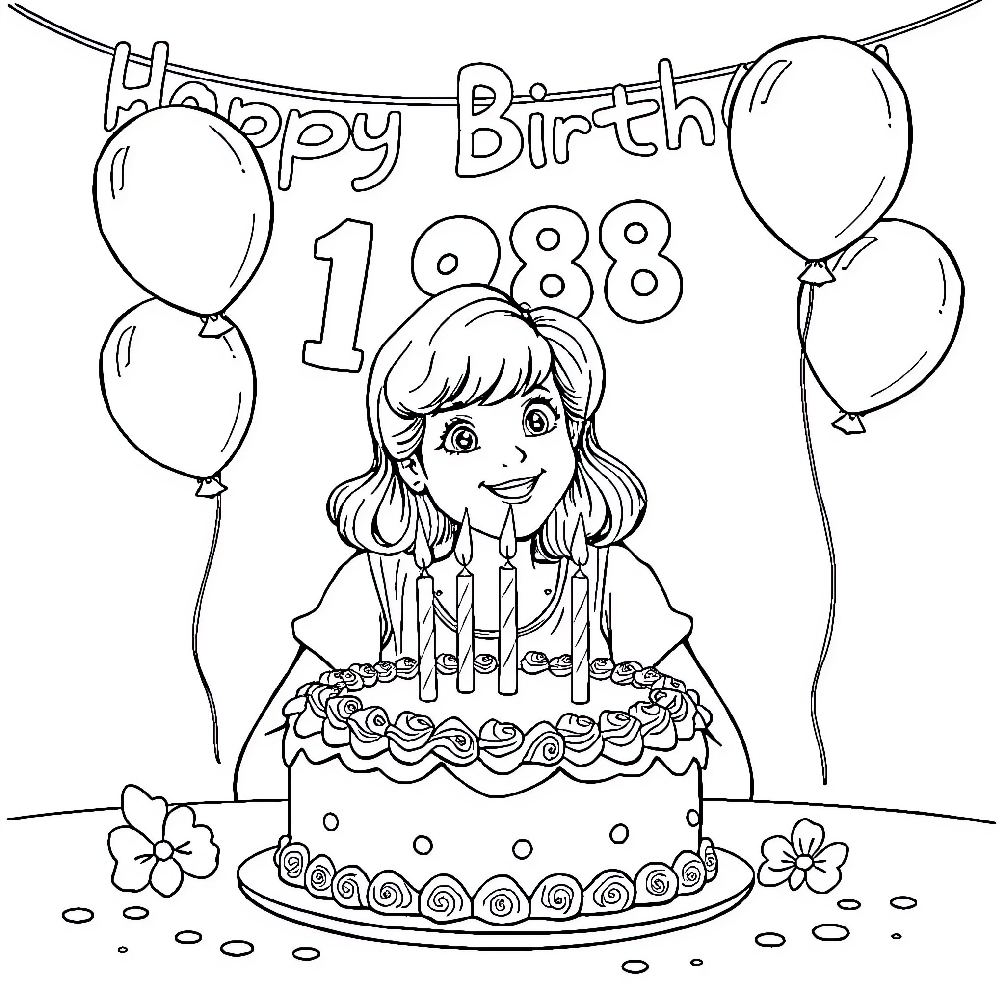 Bridgette's Birthday Celebration with Cake and Balloons Coloring Page (free black-and-white line drawing printable PDF for all, from beginners to advanced learners, including children, teens, adults, and seniors)