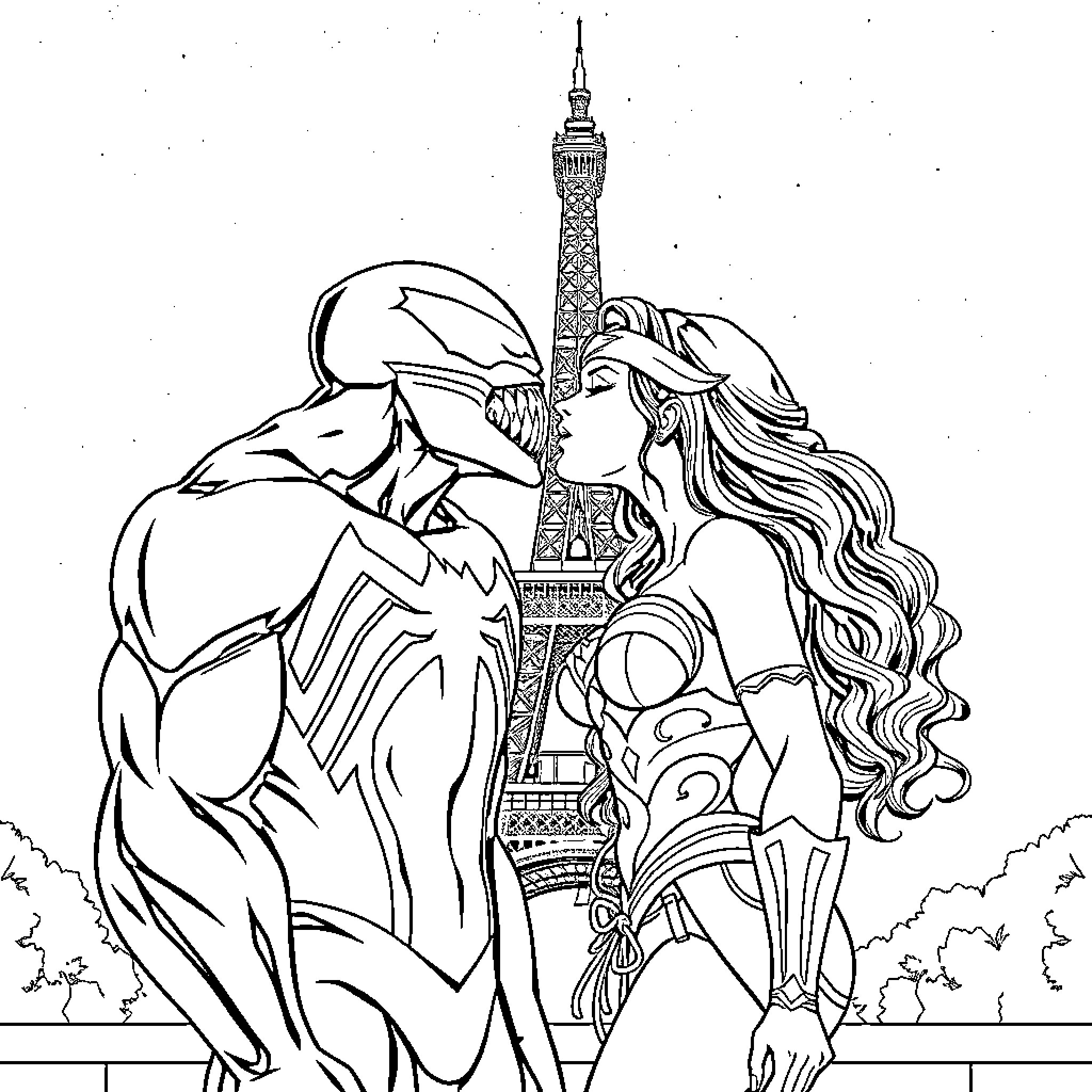 Venom and Carnage in Paris Coloring Page (free black-and-white line drawing printable PDF for all, from beginners to advanced learners, including children, teens, adults, and seniors)