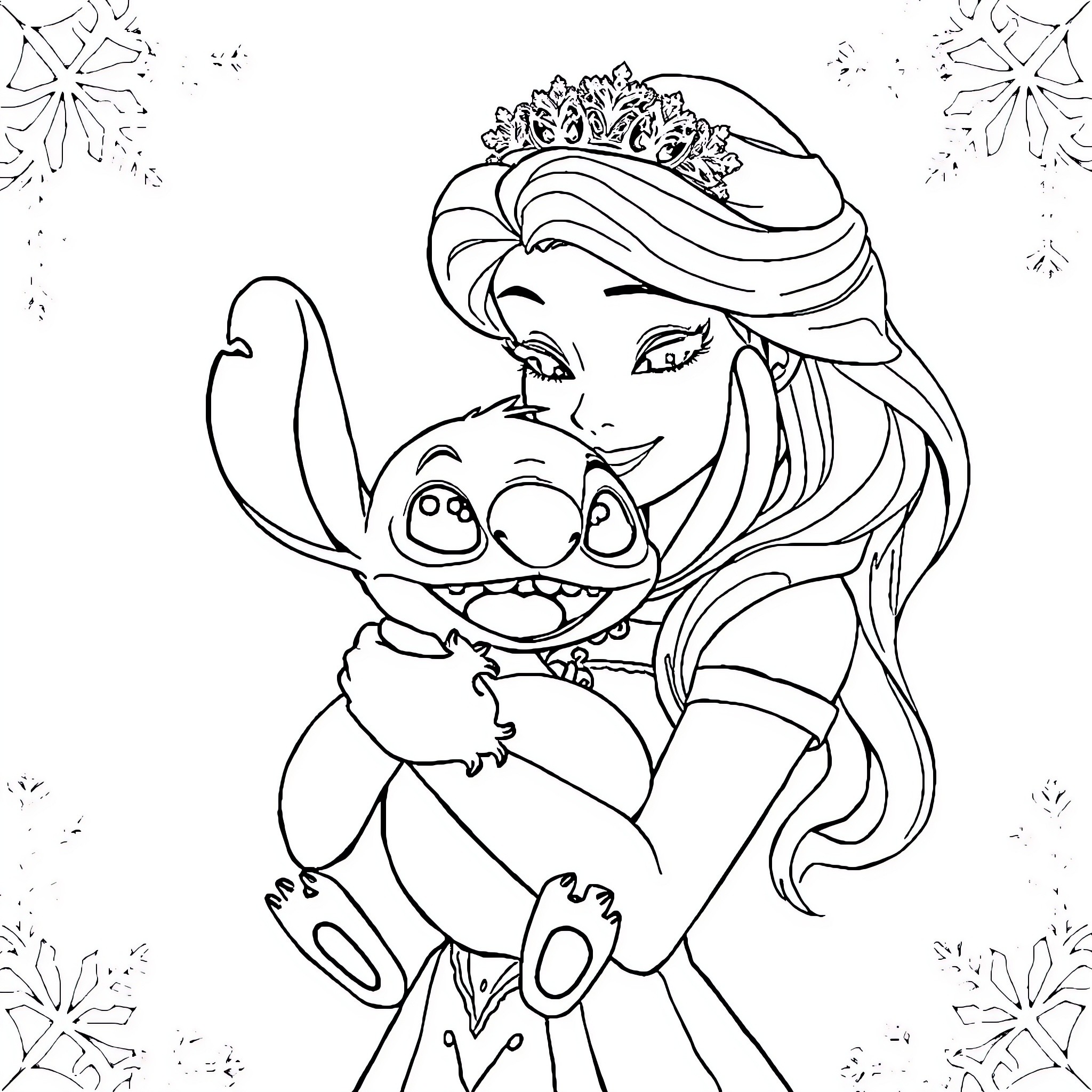 Snow Queen Embracing Cute Companion Coloring Page (free black-and-white line drawing printable PDF for all, from beginners to advanced learners, including children, teens, adults, and seniors)