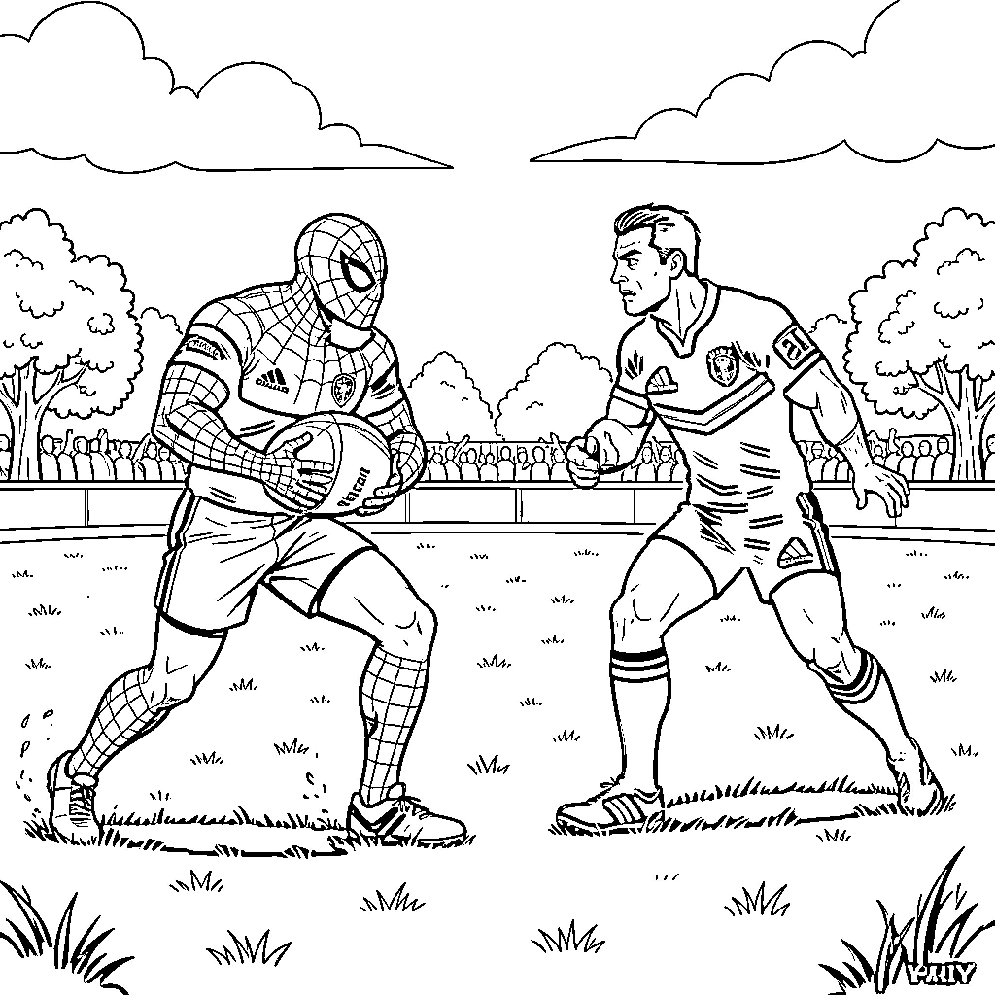 Spiderman playing rugby on a field with another athlete Coloring Page (free black-and-white line drawing printable PDF for all, from beginners to advanced learners, including children, teens, adults, and seniors)