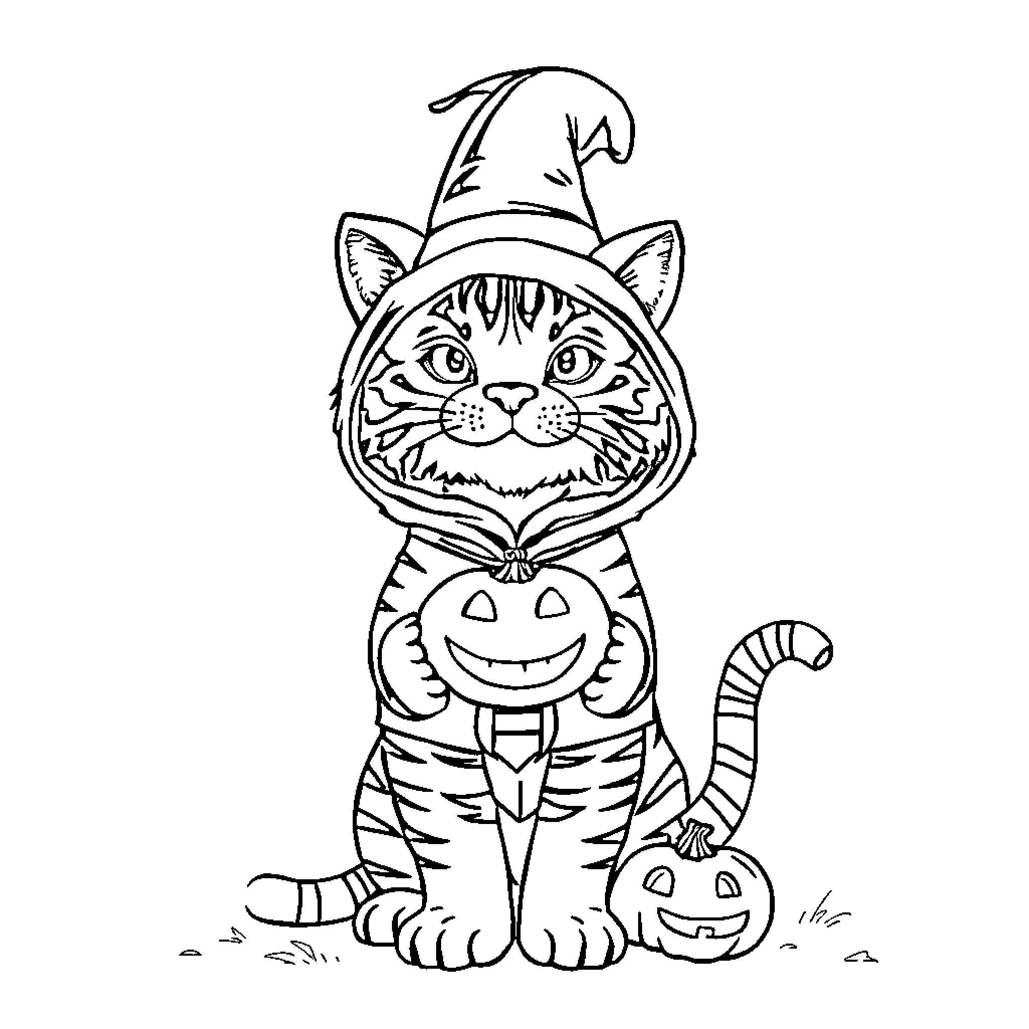 Tiger Cat in Halloween Costume Coloring Page (free black-and-white line drawing printable PDF for all, from beginners to advanced learners, including children, teens, adults, and seniors)
