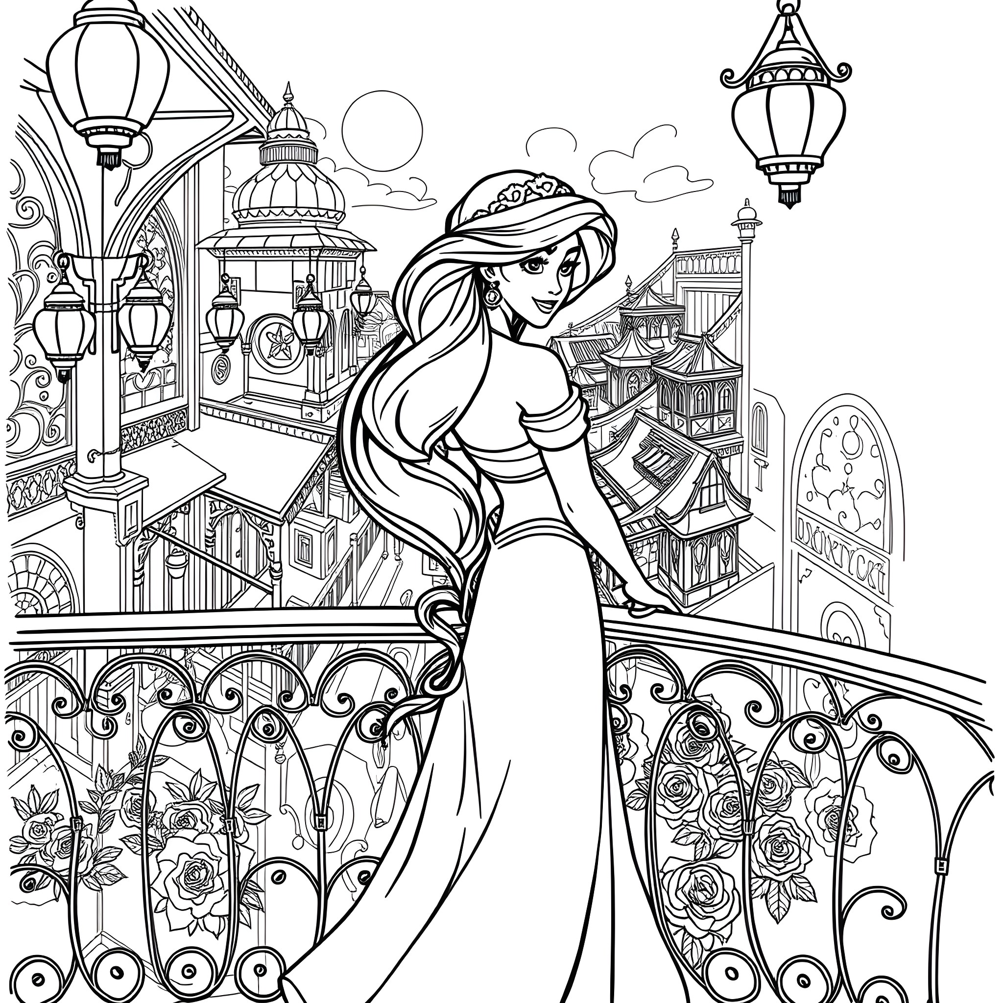 Jasmine enjoying a stroll through the elegant marketplace Coloring Page (free black-and-white line drawing printable PDF for all, from beginners to advanced learners, including children, teens, adults, and seniors)