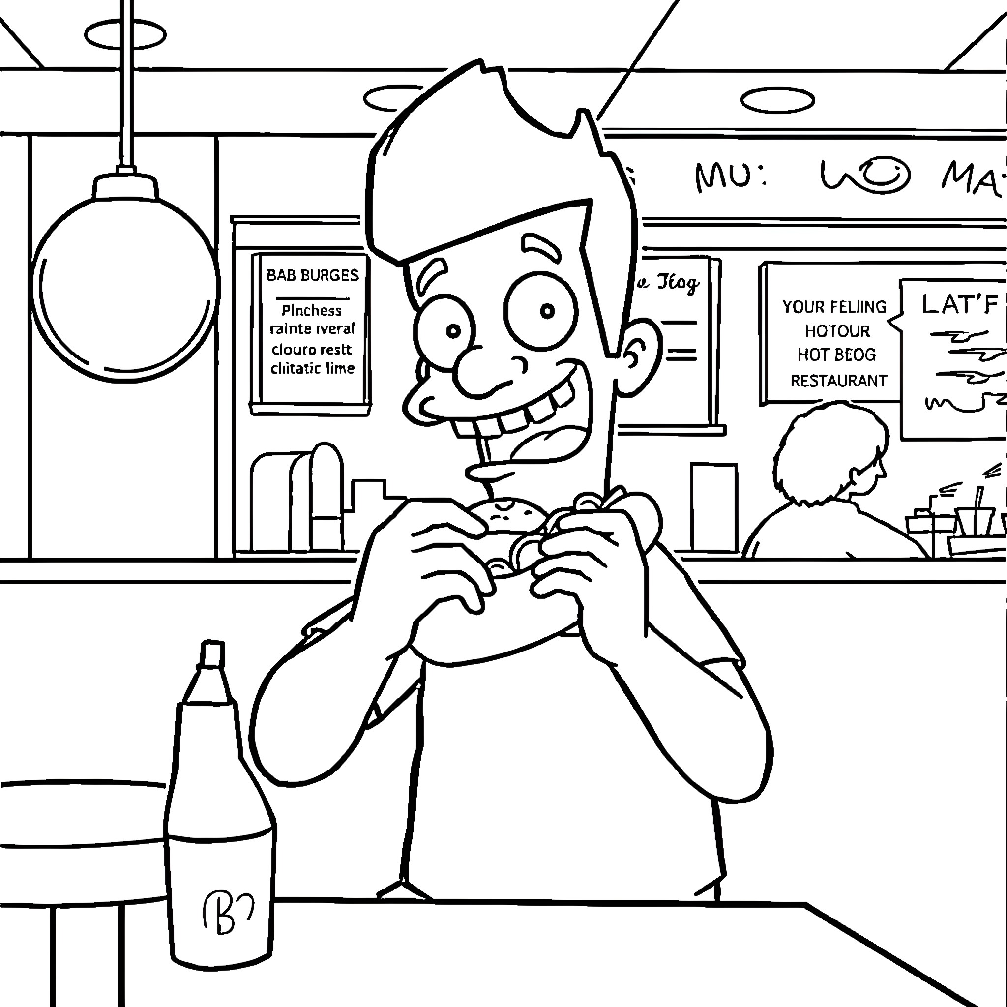 Bob enjoying a burger and drink at the restaurant Coloring Page (free black-and-white line drawing printable PDF for all, from beginners to advanced learners, including children, teens, adults, and seniors)