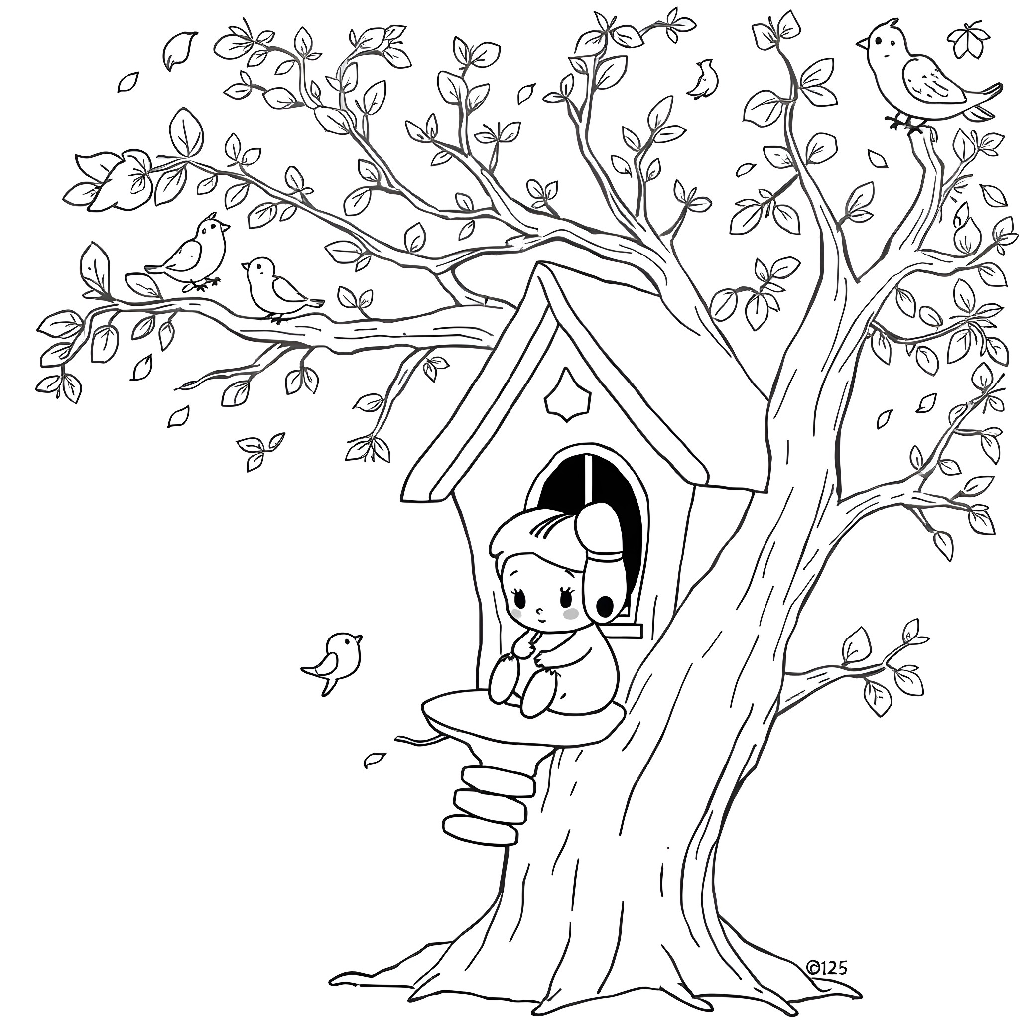 My Melody: Cartoon Character in Birdhouse Tree Coloring Page (free black-and-white line drawing printable PDF for all, from beginners to advanced learners, including children, teens, adults, and seniors)