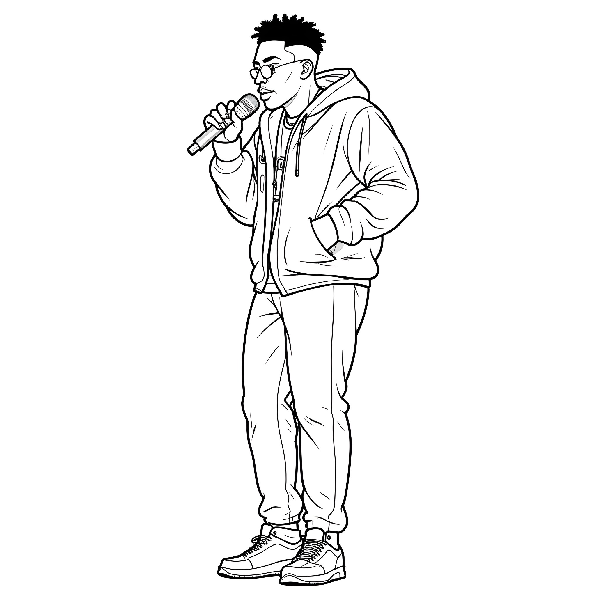 Juice Wrld performing on stage with microphone Coloring Page (free black-and-white line drawing printable PDF for all, from beginners to advanced learners, including children, teens, adults, and seniors)