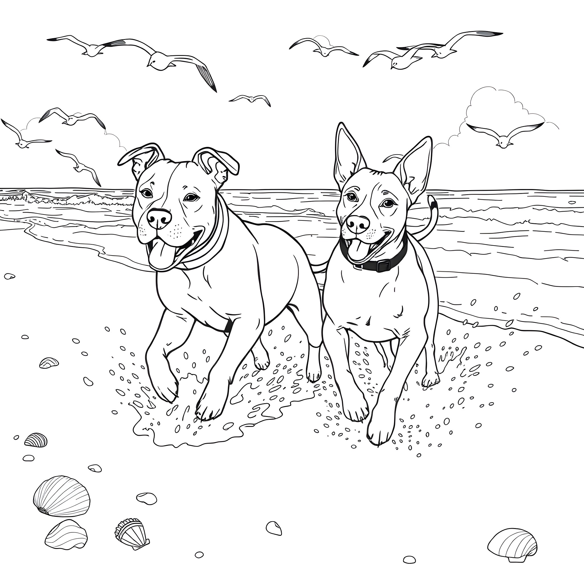 Pitbull dogs playing joyfully on the beach Coloring Page (free black-and-white line drawing printable PDF for all, from beginners to advanced learners, including children, teens, adults, and seniors)