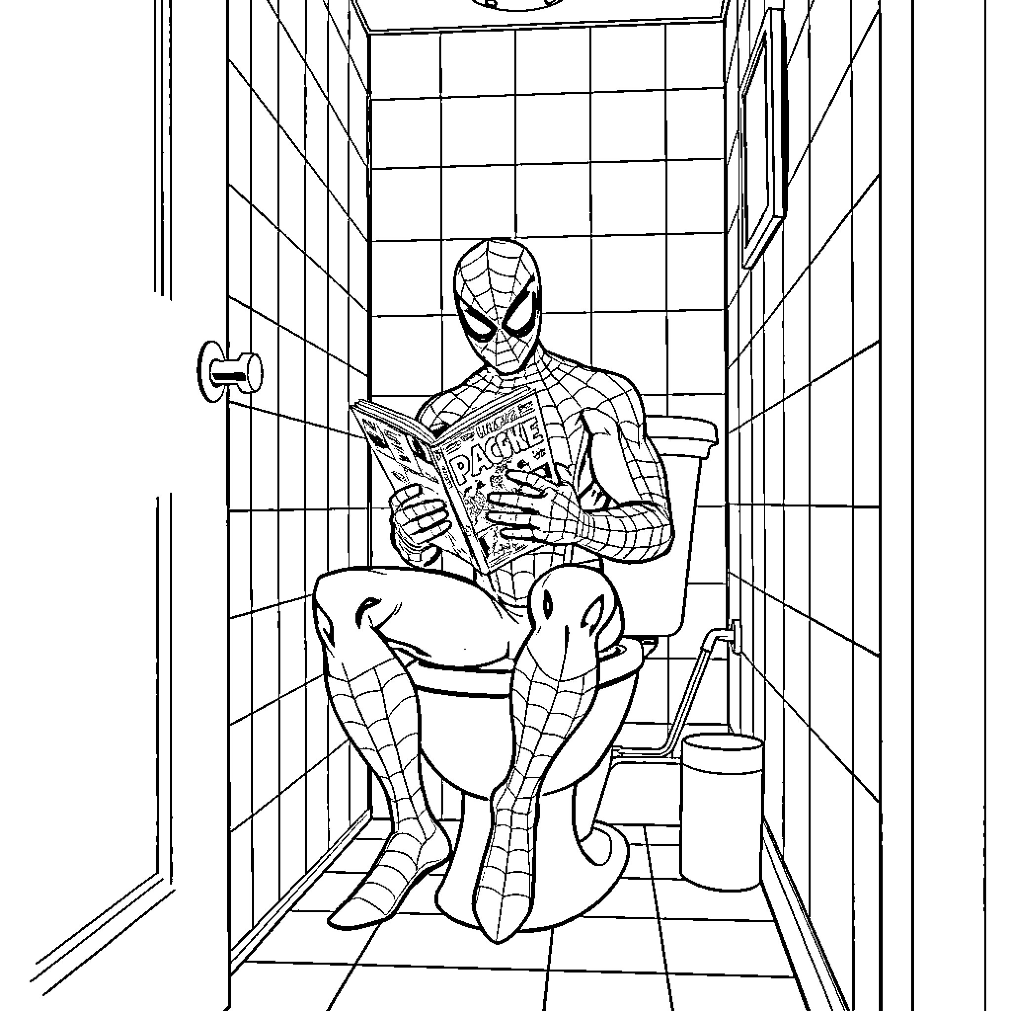 Spiderman reading newspaper in the bathroom Coloring Page (free black-and-white line drawing printable PDF for all, from beginners to advanced learners, including children, teens, adults, and seniors)