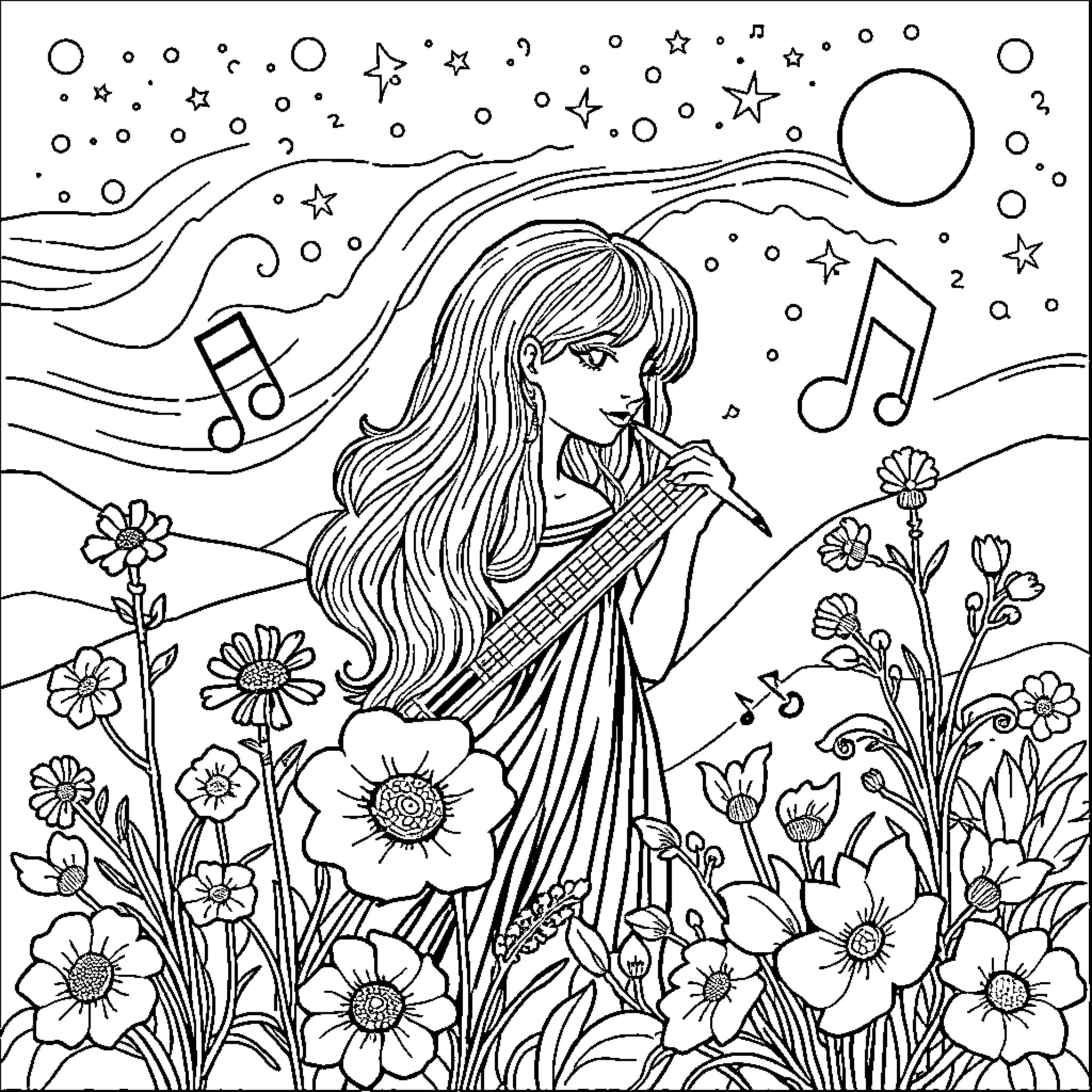 Music in Nature's Embrace Coloring Page (free black-and-white line drawing printable PDF for all, from beginners to advanced learners, including children, teens, adults, and seniors)