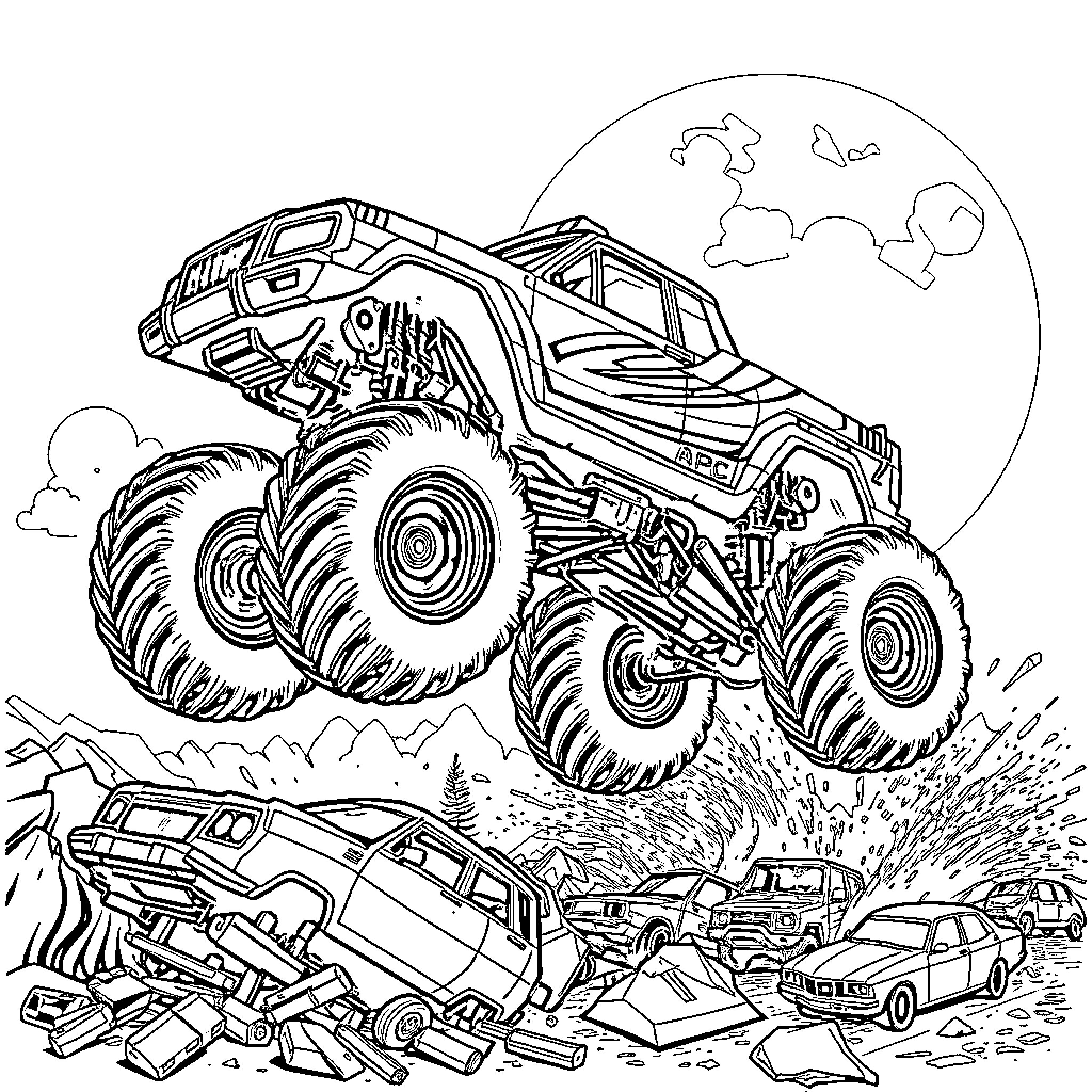 Monster Truck Crushing Damaged Vehicles in Terrain Coloring Page (free black-and-white line drawing printable PDF for all, from beginners to advanced learners, including children, teens, adults, and seniors)