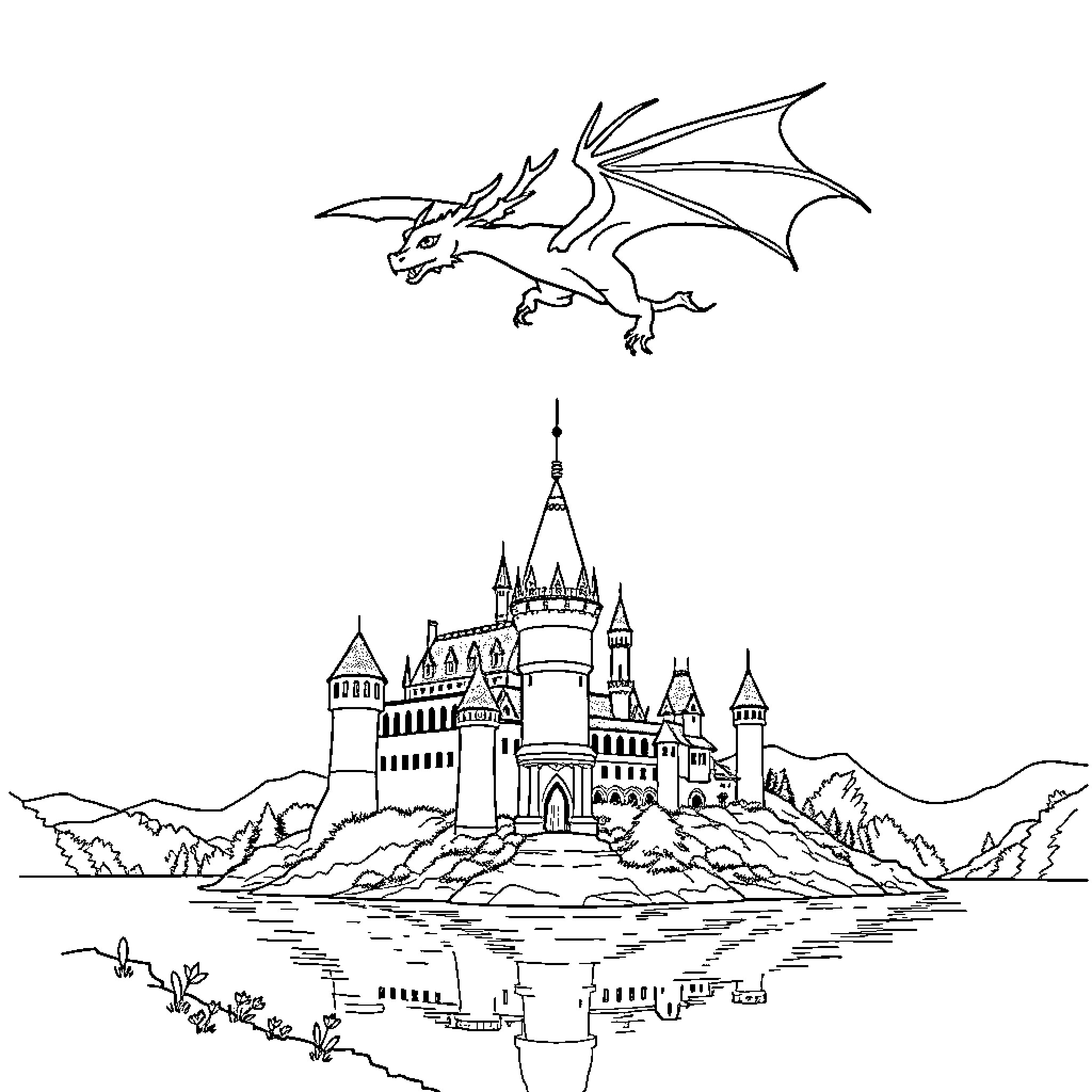 Dragon soaring over a magical castle Coloring Page (free black-and-white line drawing printable PDF for all, from beginners to advanced learners, including children, teens, adults, and seniors)