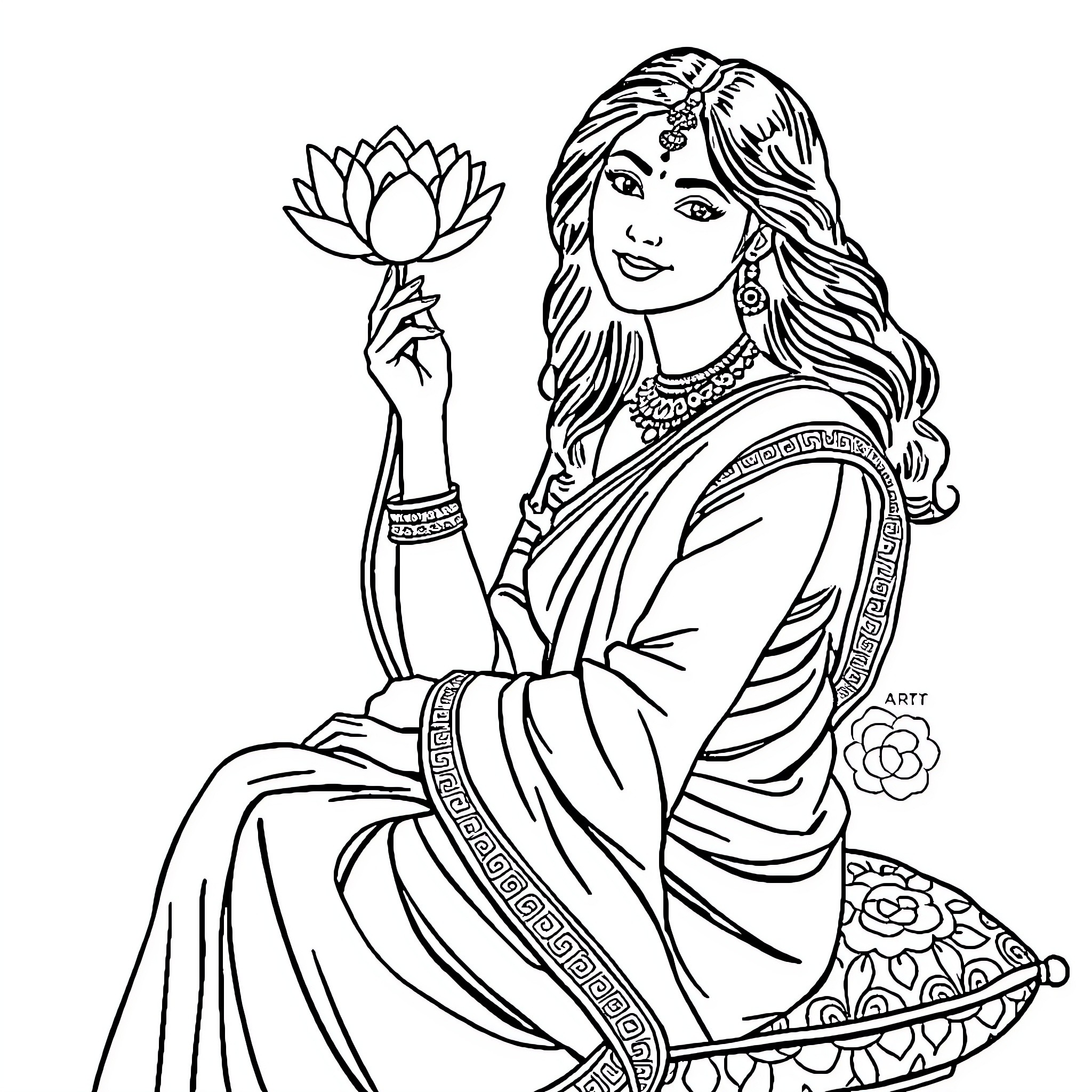 Lady holding a beautiful lotus flower Coloring Page (free black-and-white line drawing printable PDF for all, from beginners to advanced learners, including children, teens, adults, and seniors)
