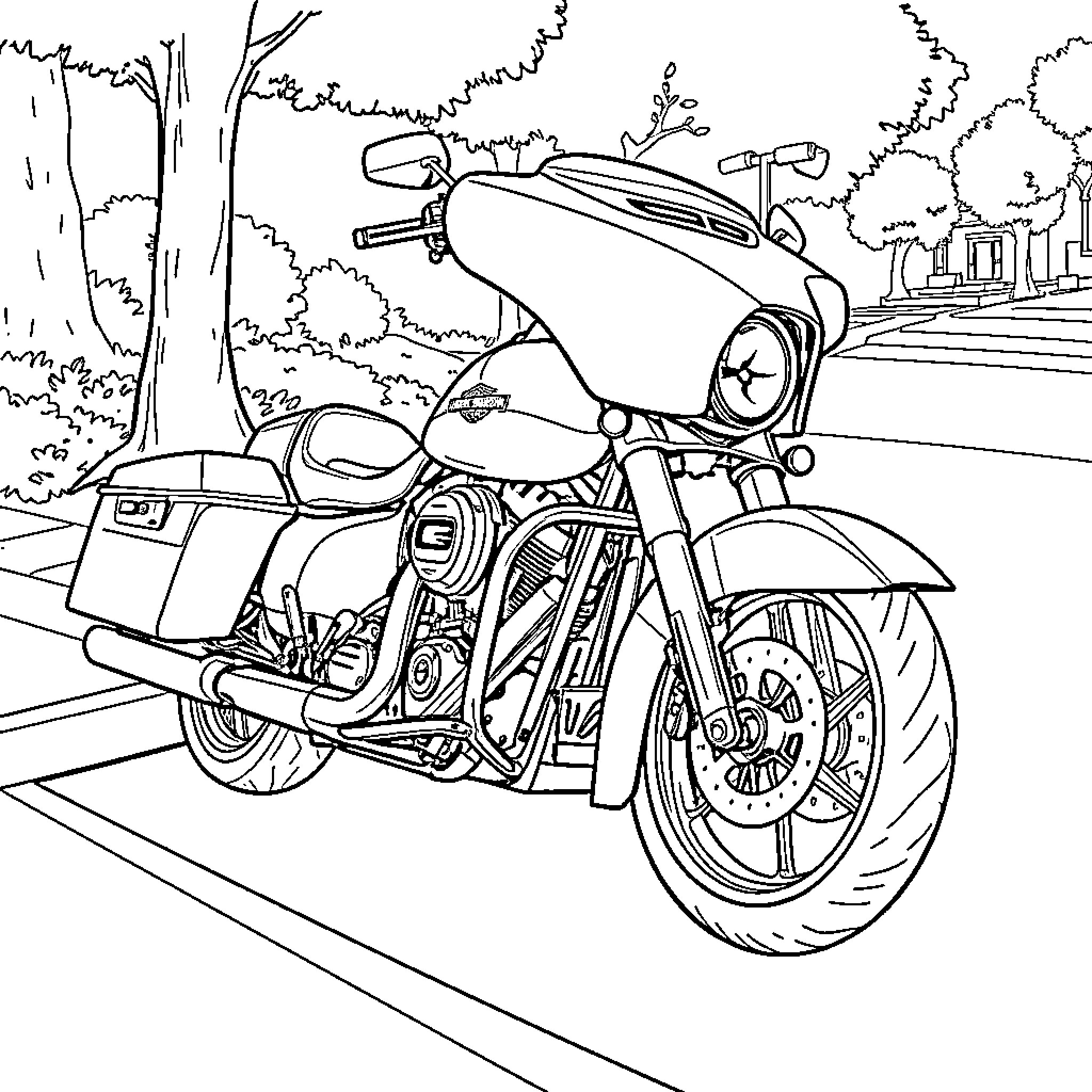 Motorcycle speeding through scenic countryside Coloring Page (free black-and-white line drawing printable PDF for all, from beginners to advanced learners, including children, teens, adults, and seniors)
