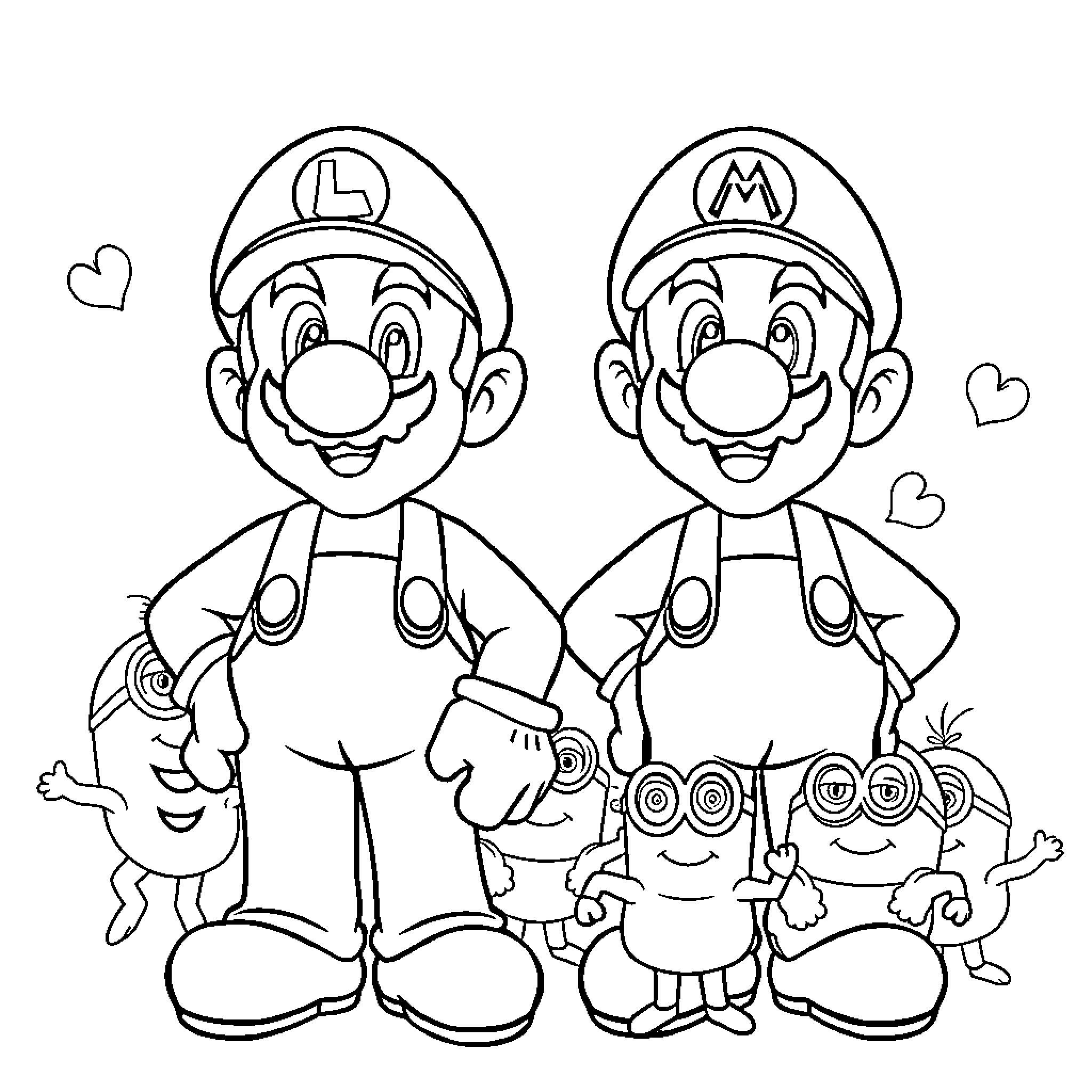 Mario and Luigi in Cheerful Poses Coloring Page (free black-and-white line drawing printable PDF for all, from beginners to advanced learners, including children, teens, adults, and seniors)
