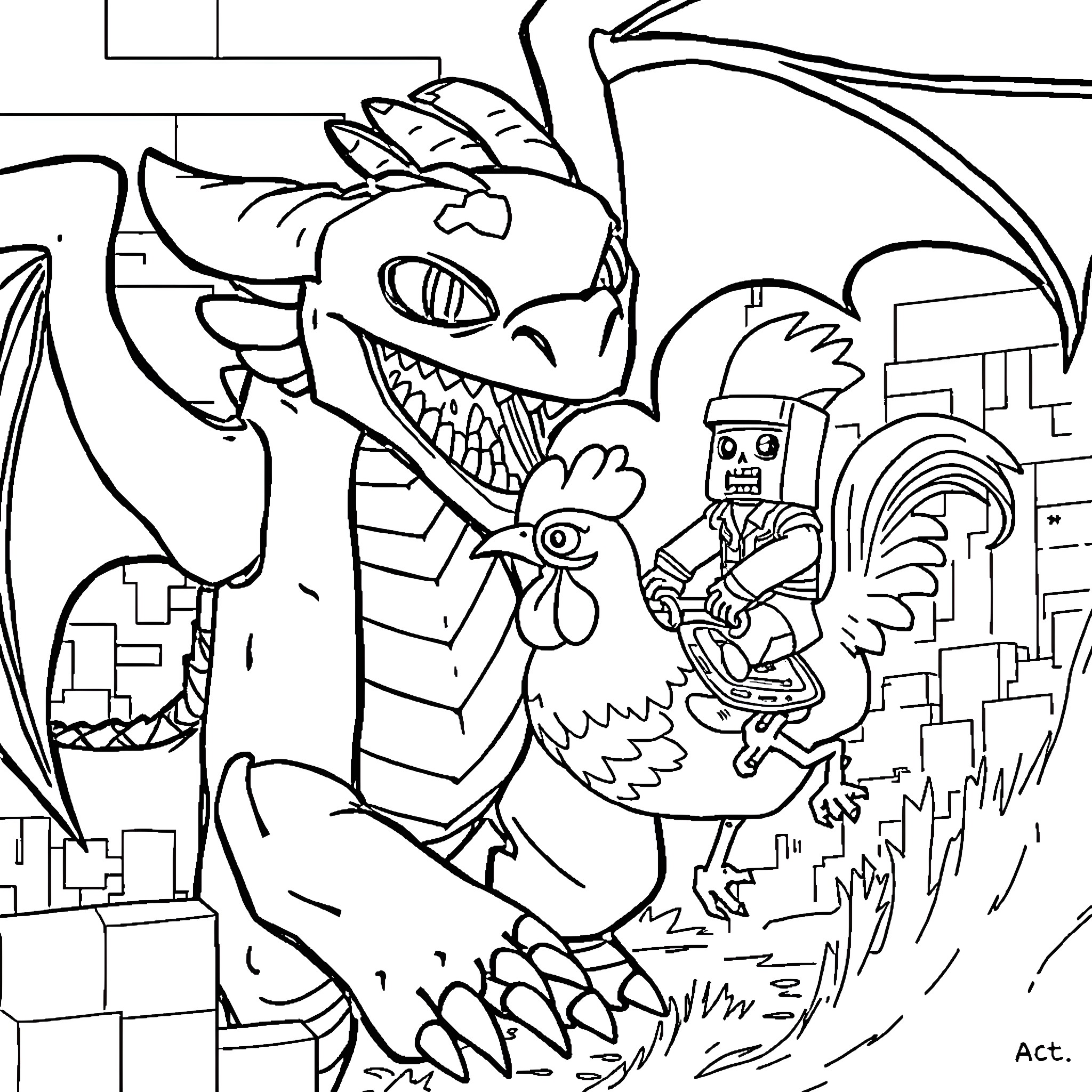 Toothless dragon and chicken in a city scene Coloring Page (free black-and-white line drawing printable PDF for all, from beginners to advanced learners, including children, teens, adults, and seniors)