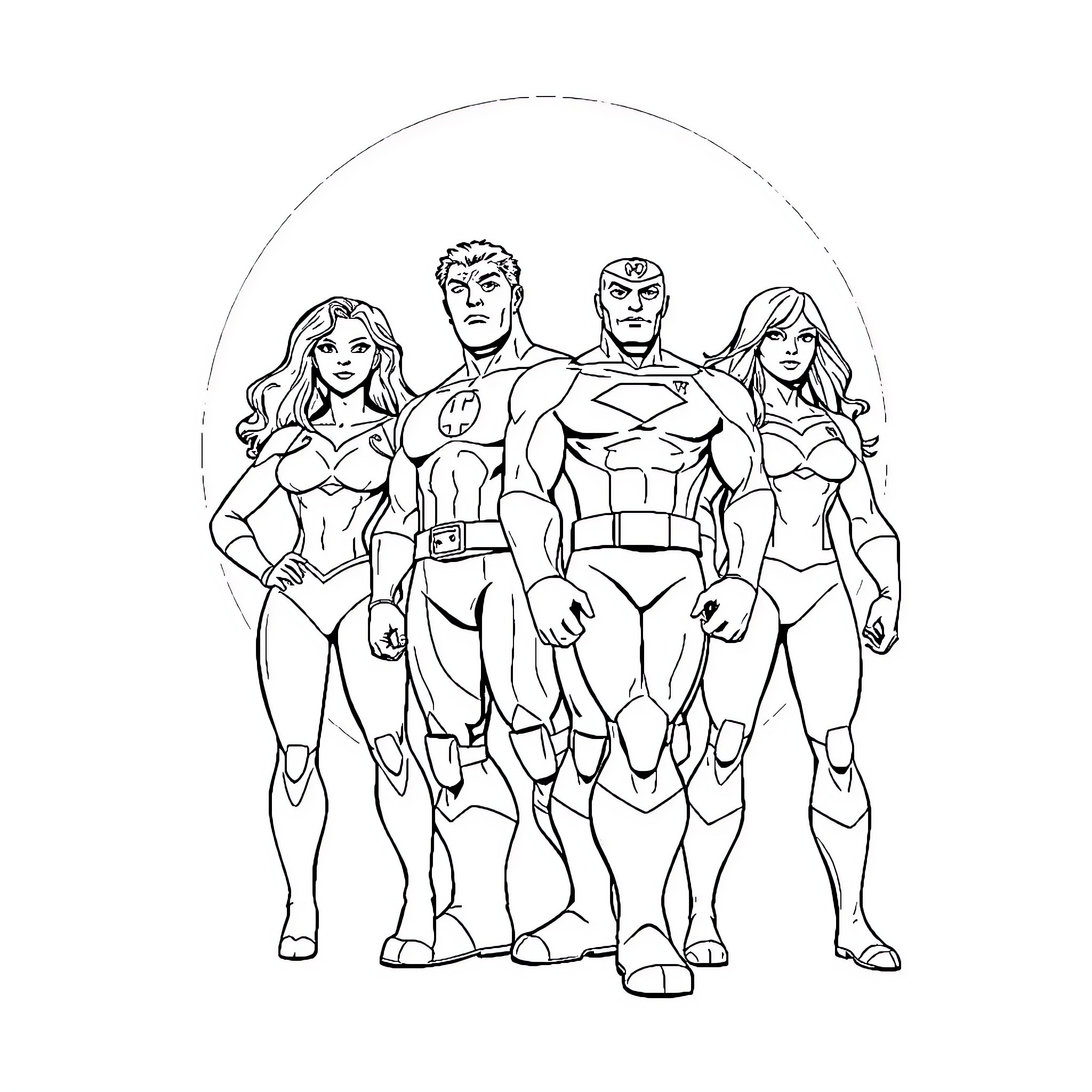 Fantastic Four Superheroes in Action Poses Coloring Page (free black-and-white line drawing printable PDF for all, from beginners to advanced learners, including children, teens, adults, and seniors)