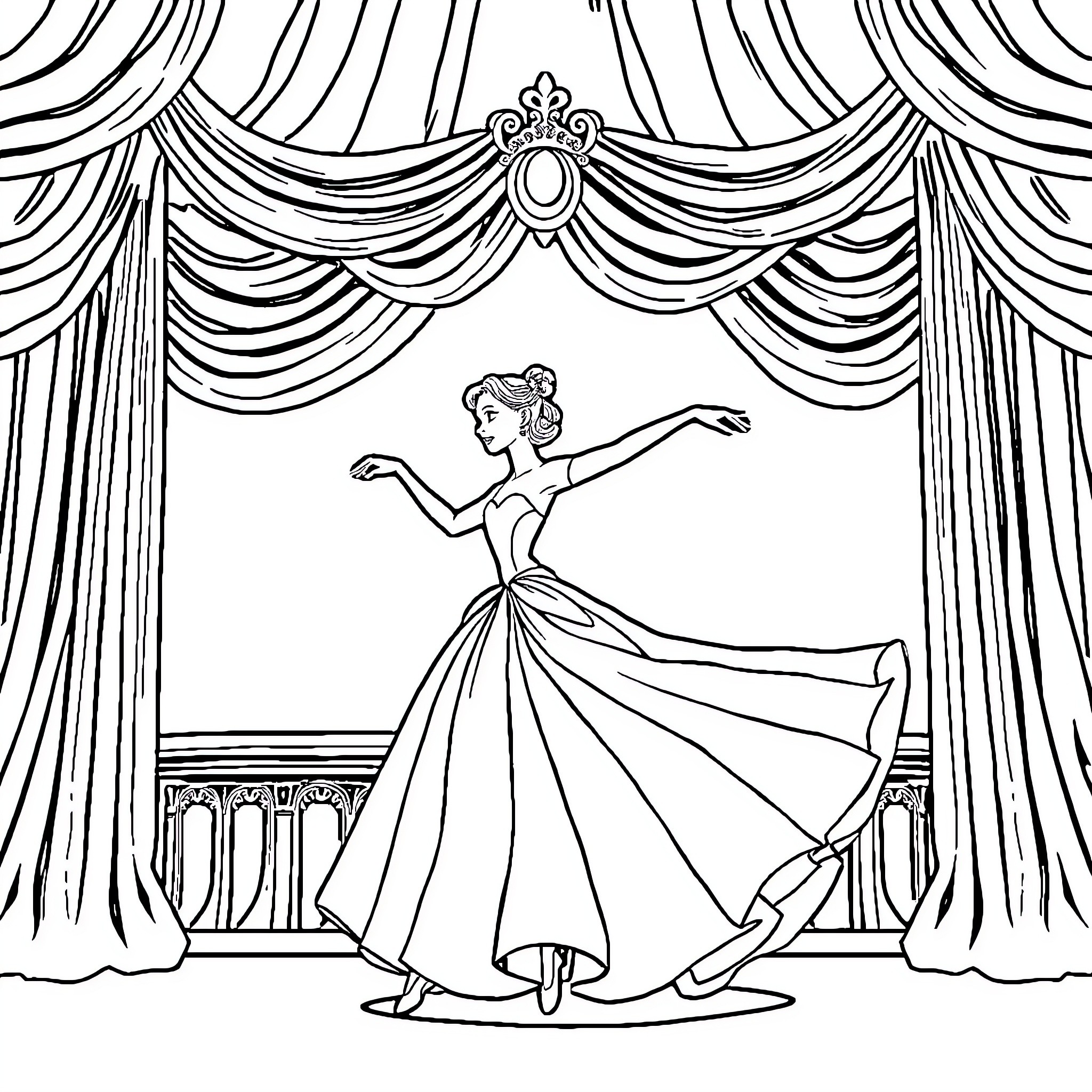 Princess Performing on Stage with Elegant Attire Coloring Page (free black-and-white line drawing printable PDF for all, from beginners to advanced learners, including children, teens, adults, and seniors)