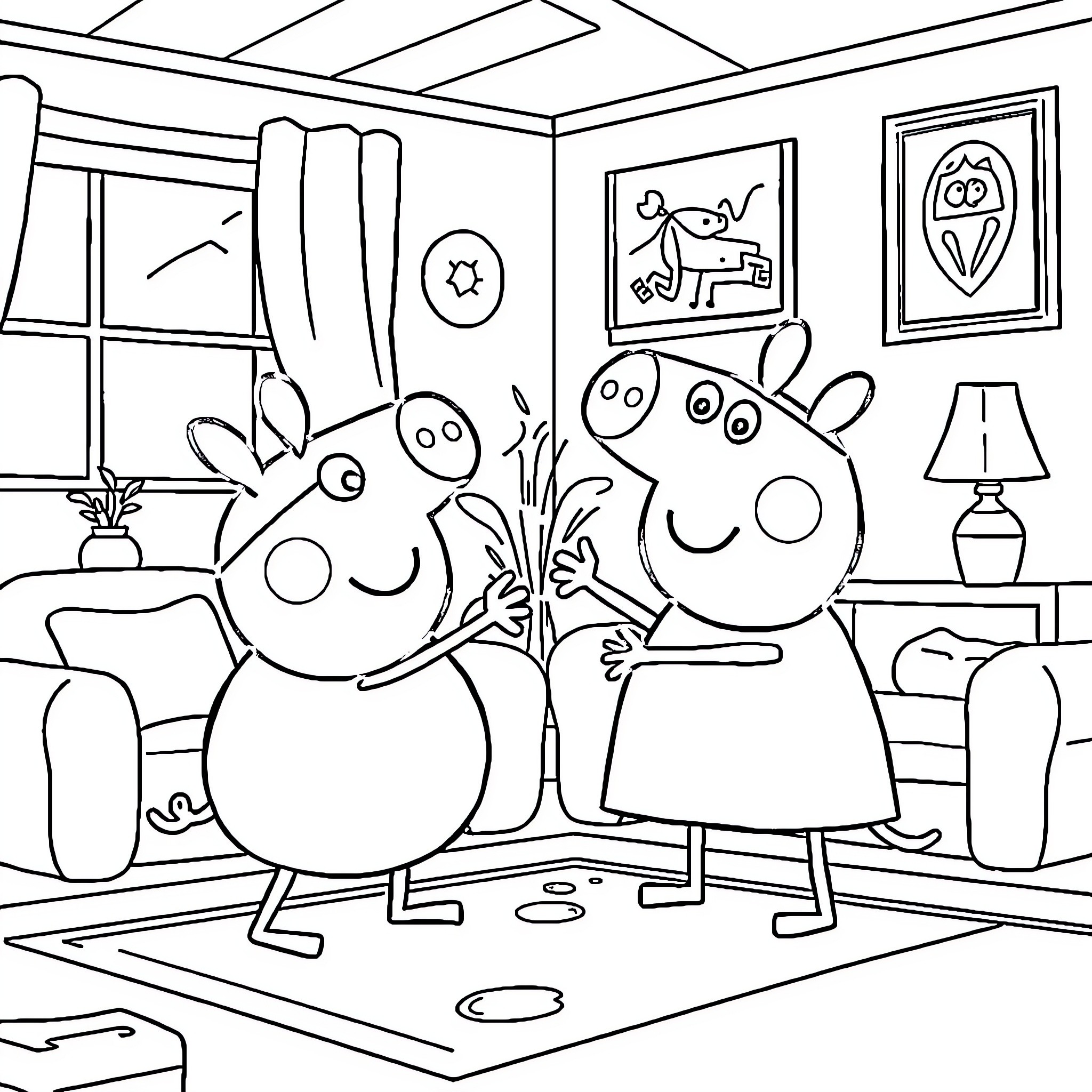 Peppa Pig and George Pig playing together at home Coloring Page (free black-and-white line drawing printable PDF for all, from beginners to advanced learners, including children, teens, adults, and seniors)