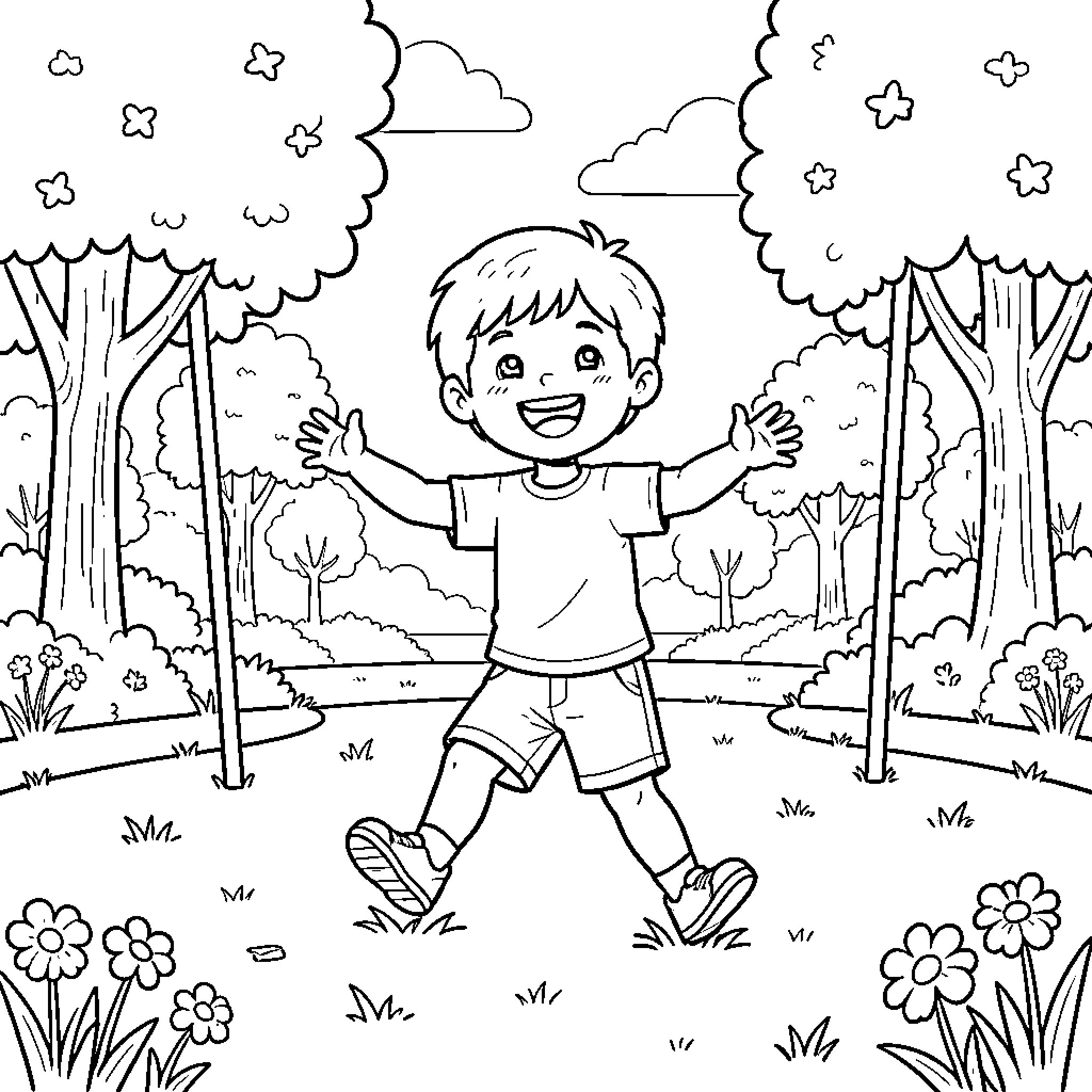 Kid playing joyfully in the enchanting forest Coloring Page (free black-and-white line drawing printable PDF for all, from beginners to advanced learners, including children, teens, adults, and seniors)