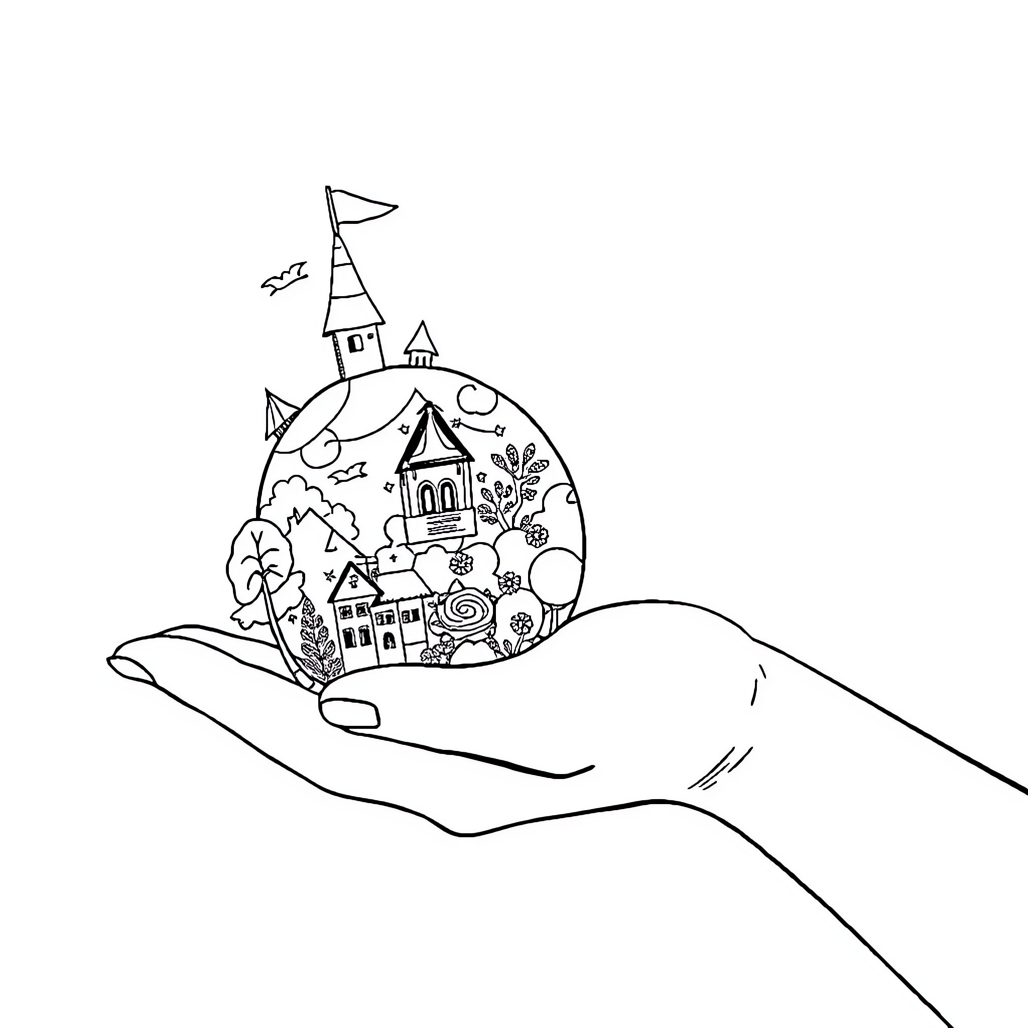 World of Whimsical Illustrations in a Hand Coloring Page (free black-and-white line drawing printable PDF for all, from beginners to advanced learners, including children, teens, adults, and seniors)
