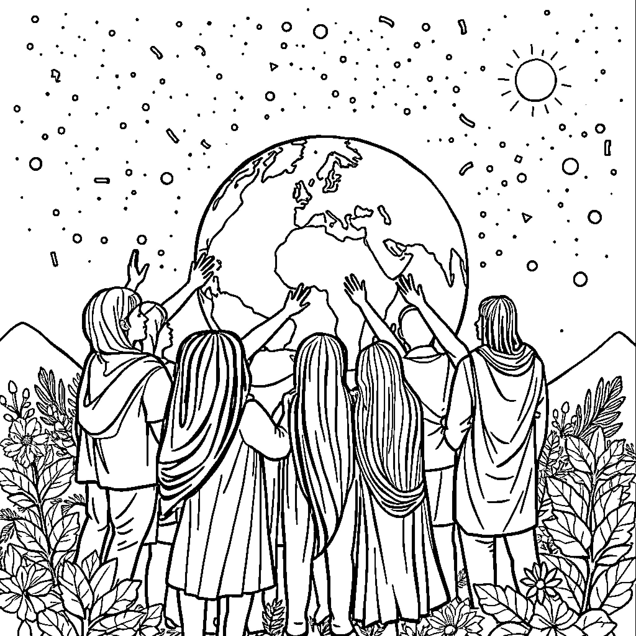 Cooperation to Protect Our Earth Coloring Page (free black-and-white line drawing printable PDF for all, from beginners to advanced learners, including children, teens, adults, and seniors)