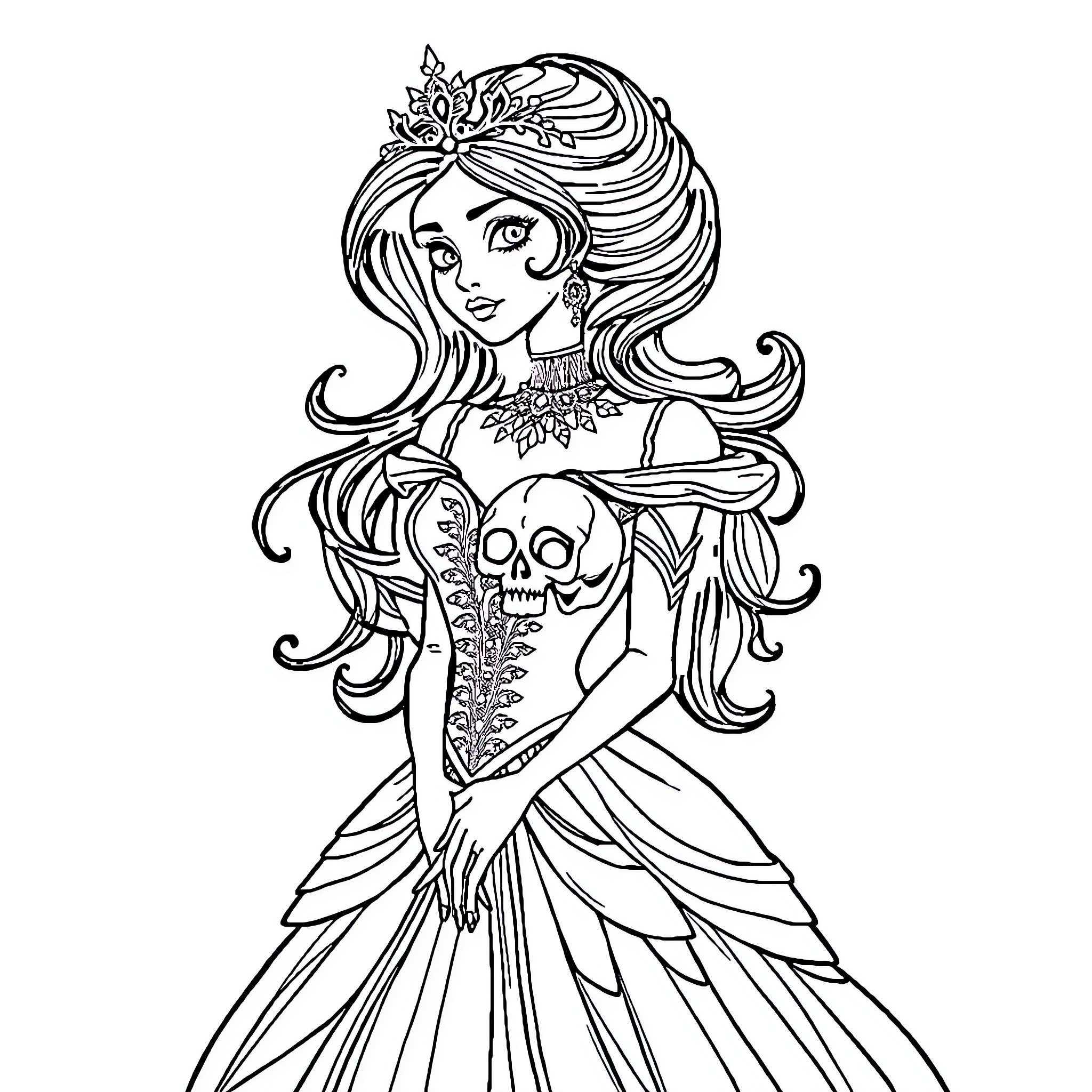 Skull-adorned Princess in Elaborate Dress Coloring Page (free black-and-white line drawing printable PDF for all, from beginners to advanced learners, including children, teens, adults, and seniors)