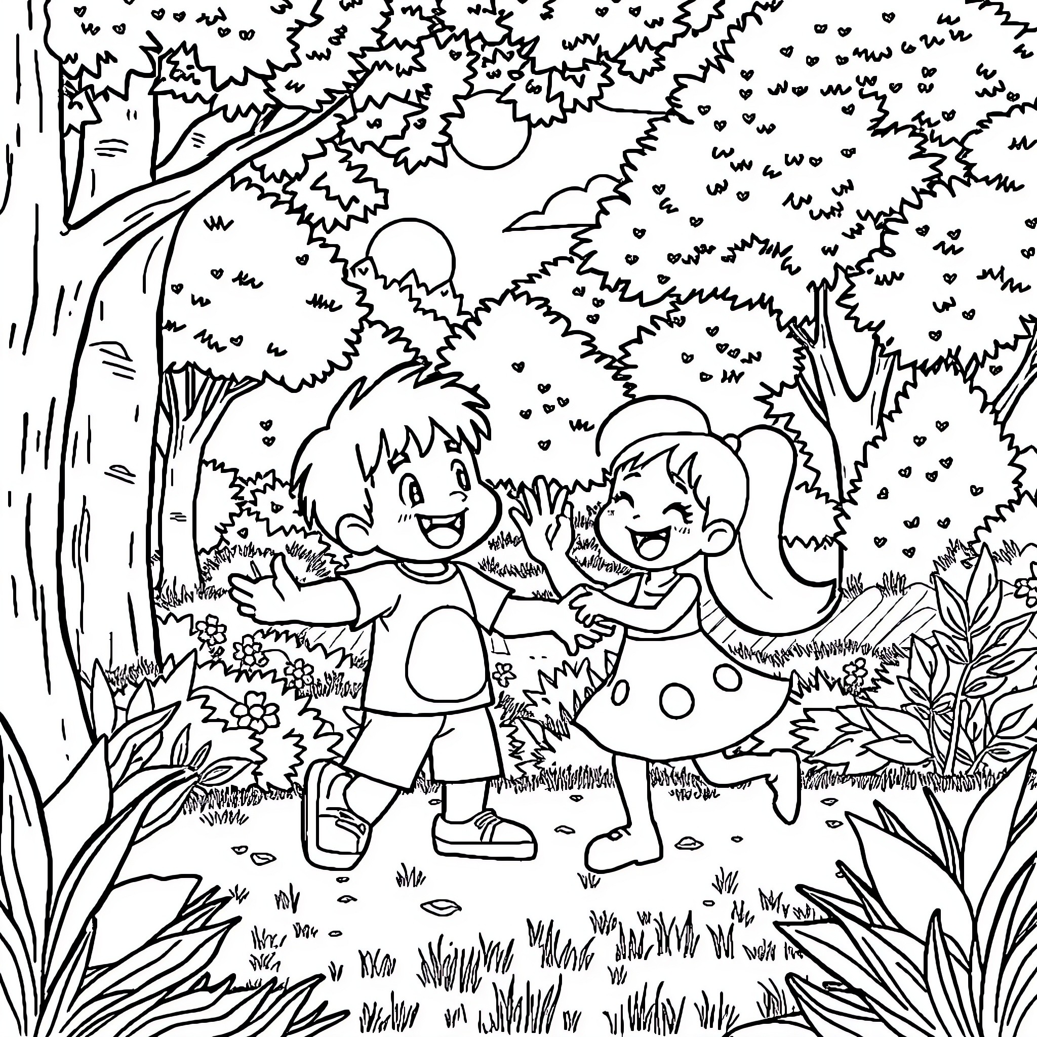 Gon's Playful Adventure in the Enchanted Forest Coloring Page (free black-and-white line drawing printable PDF for all, from beginners to advanced learners, including children, teens, adults, and seniors)