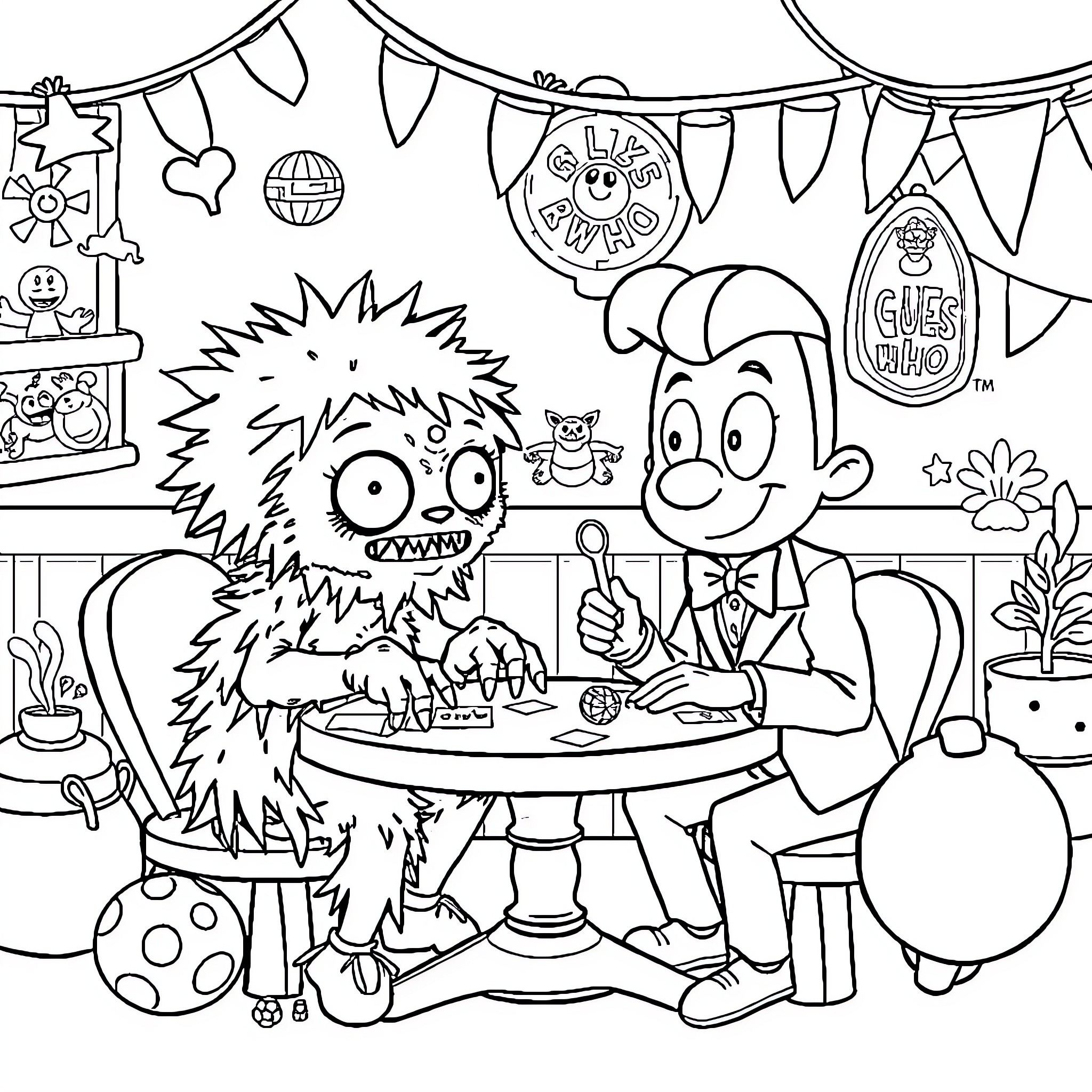 Pompompurin's Quirky Birthday Celebration Coloring Page (free black-and-white line drawing printable PDF for all, from beginners to advanced learners, including children, teens, adults, and seniors)