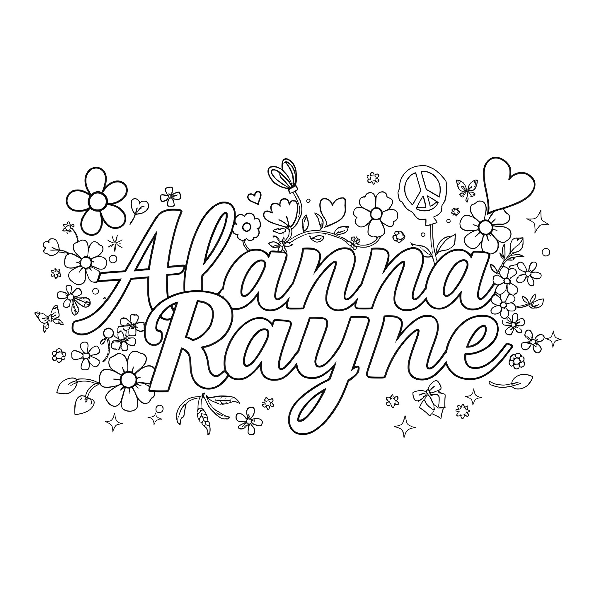 Font of Flowers and Floral Motifs Coloring Page (free black-and-white line drawing printable PDF for all, from beginners to advanced learners, including children, teens, adults, and seniors)