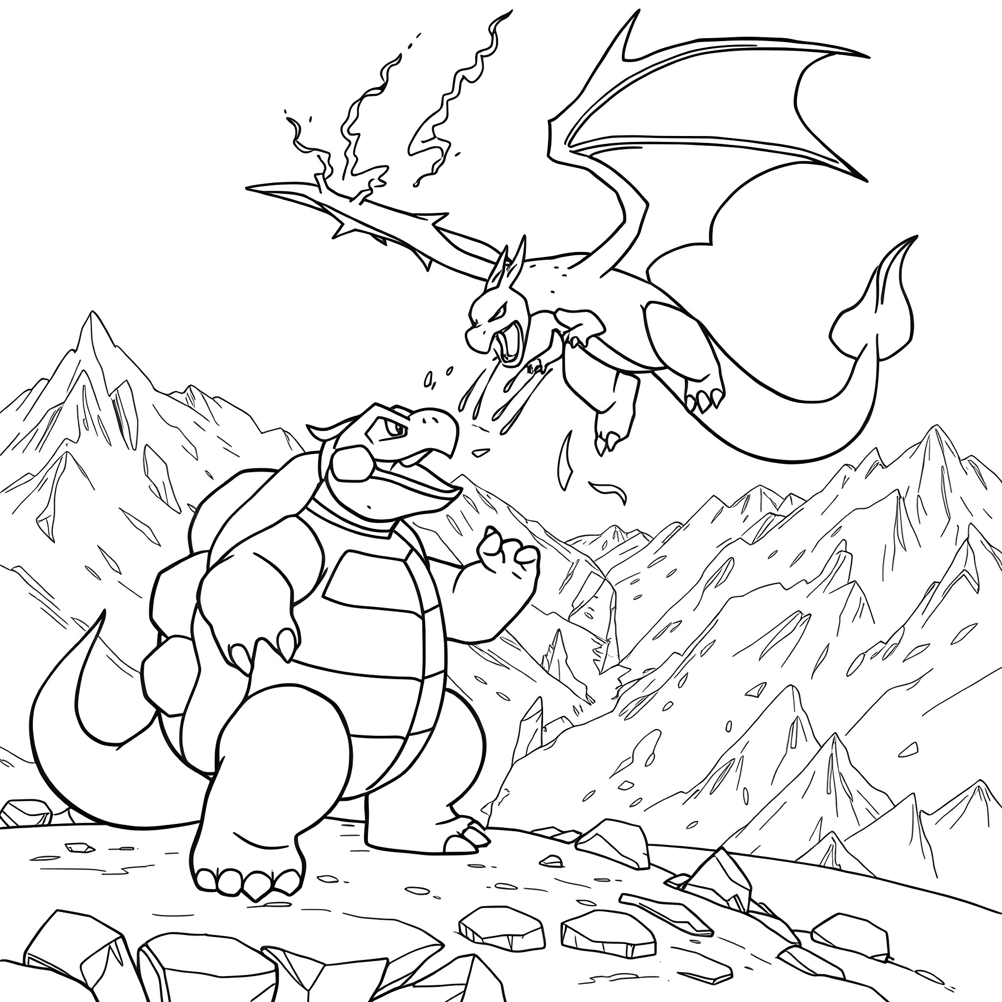 Blastoise battling a fierce Charizard in the mountains Coloring Page (free black-and-white line drawing printable PDF for all, from beginners to advanced learners, including children, teens, adults, and seniors)