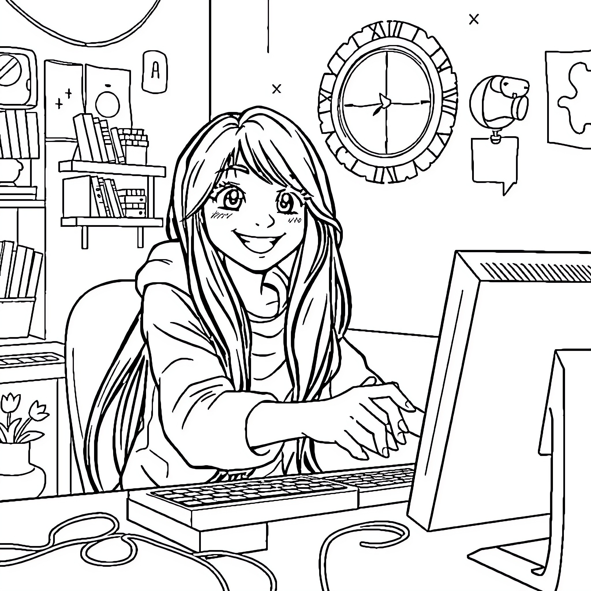 Aphmau working diligently at her computer setup Coloring Page (free black-and-white line drawing printable PDF for all, from beginners to advanced learners, including children, teens, adults, and seniors)