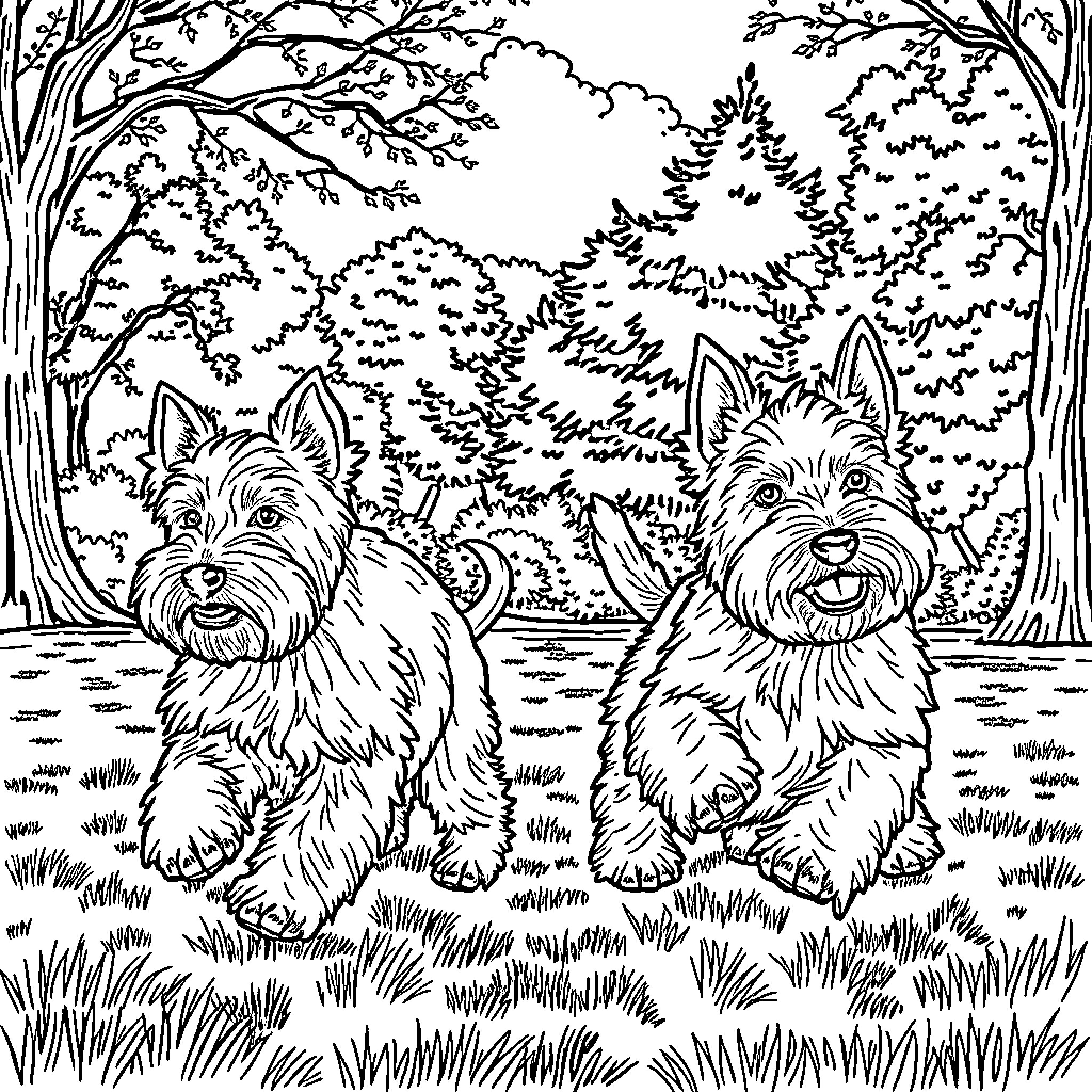 Wheaton Terriers enjoying the outdoors Coloring Page (free black-and-white line drawing printable PDF for all, from beginners to advanced learners, including children, teens, adults, and seniors)