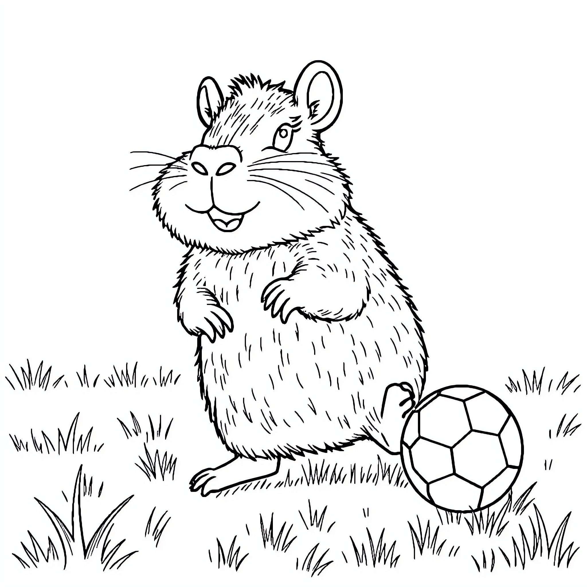 Capybara playing with soccer ball in the grass Coloring Page (free black-and-white line drawing printable PDF for all, from beginners to advanced learners, including children, teens, adults, and seniors)