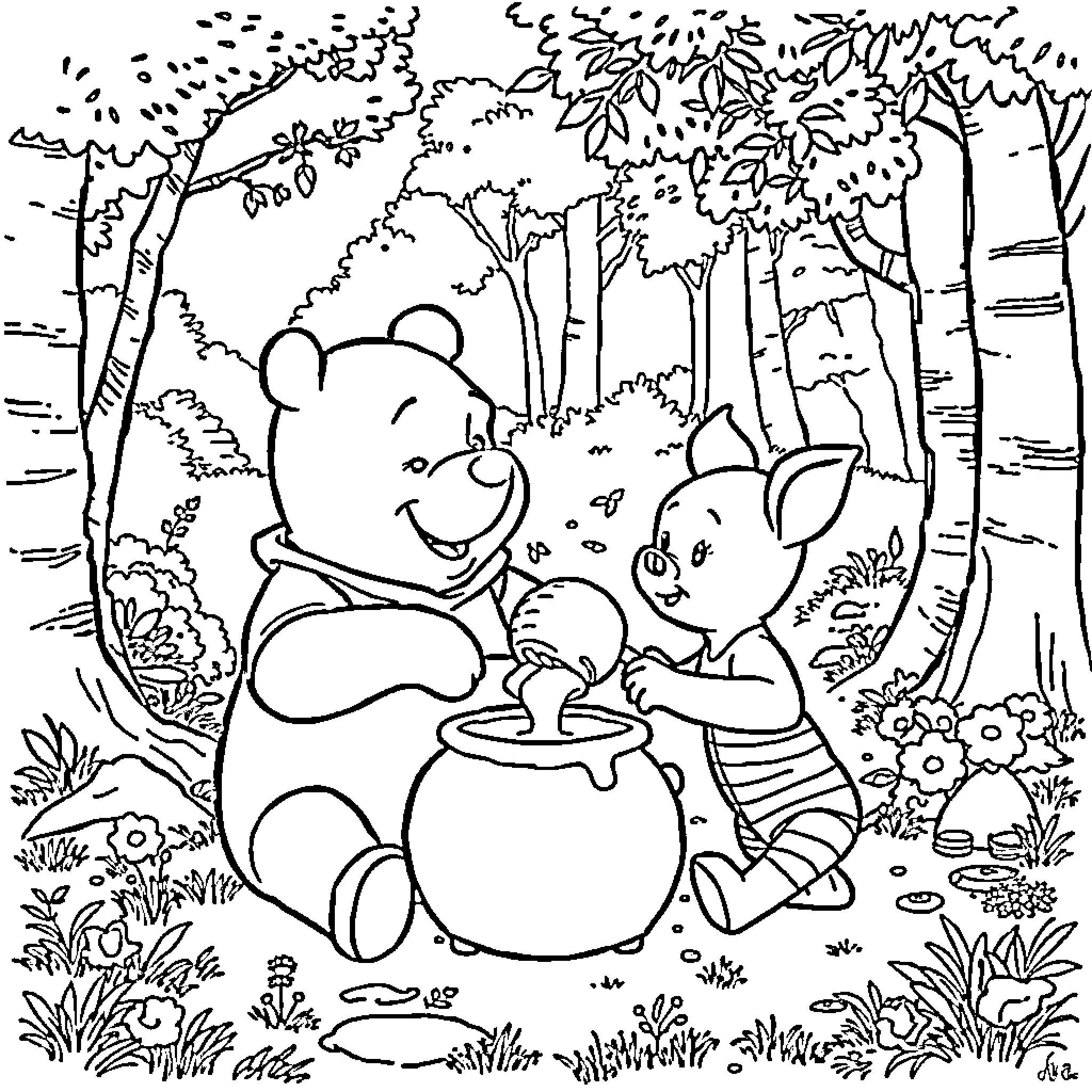 Winnie The Pooh and Friends Enjoying Nature Coloring Page (free black-and-white line drawing printable PDF for all, from beginners to advanced learners, including children, teens, adults, and seniors)