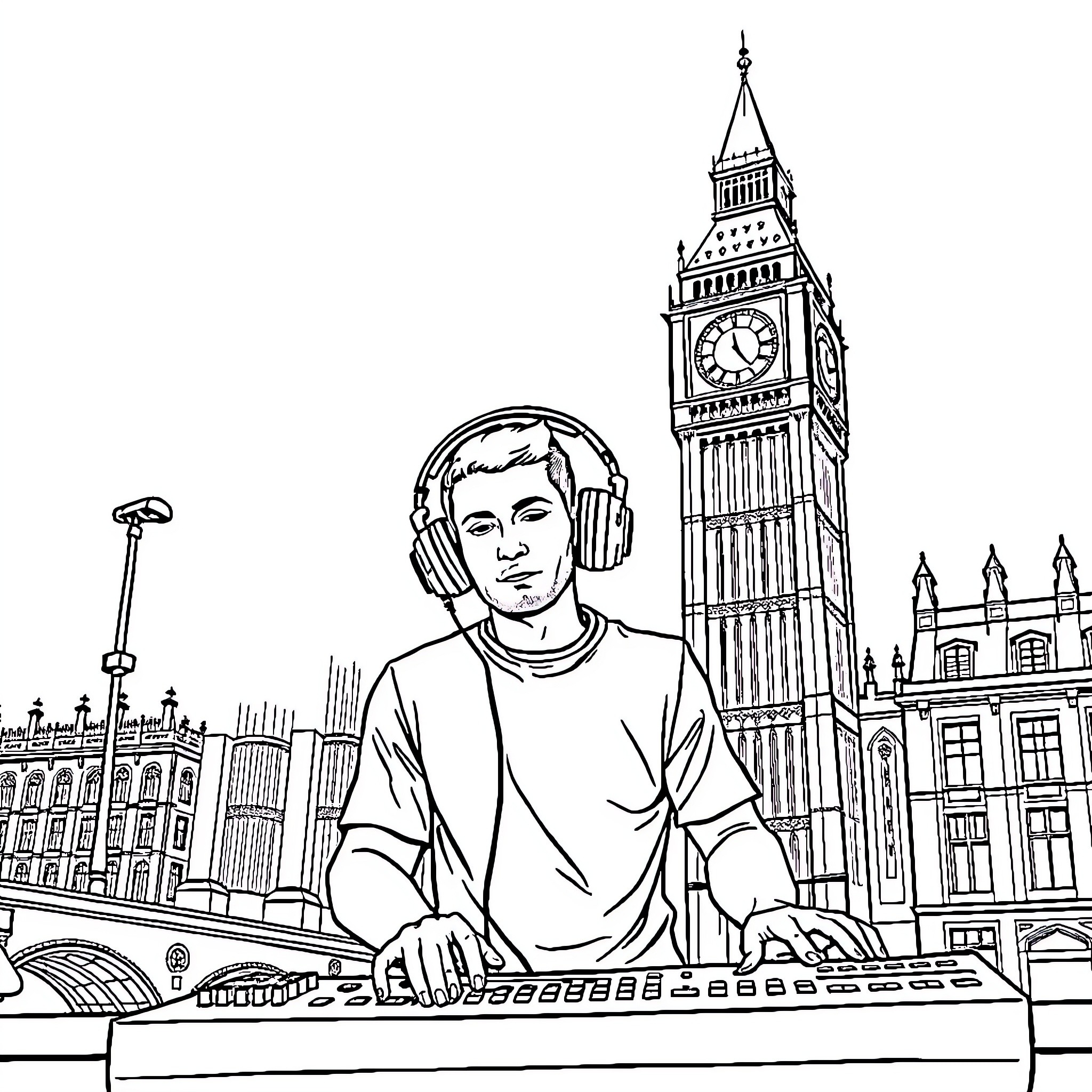 DJ mixing tunes in front of iconic Big Ben Coloring Page (free black-and-white line drawing printable PDF for all, from beginners to advanced learners, including children, teens, adults, and seniors)