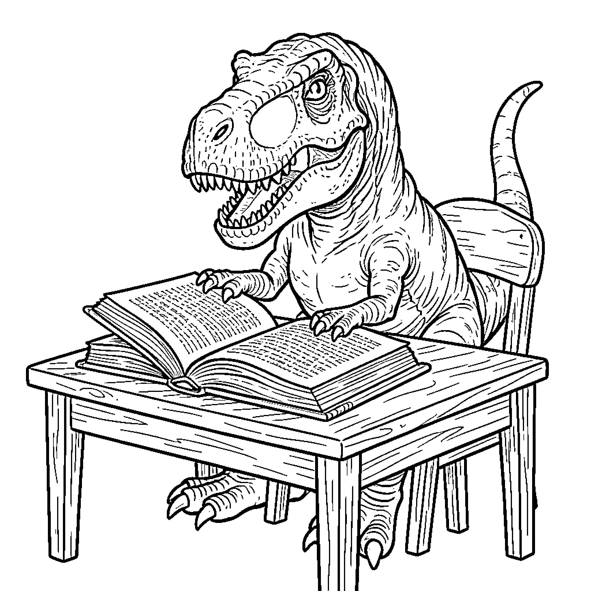 T-Rex Reading Books Intently on Desk Coloring Page (free black-and-white line drawing printable PDF for all, from beginners to advanced learners, including children, teens, adults, and seniors)