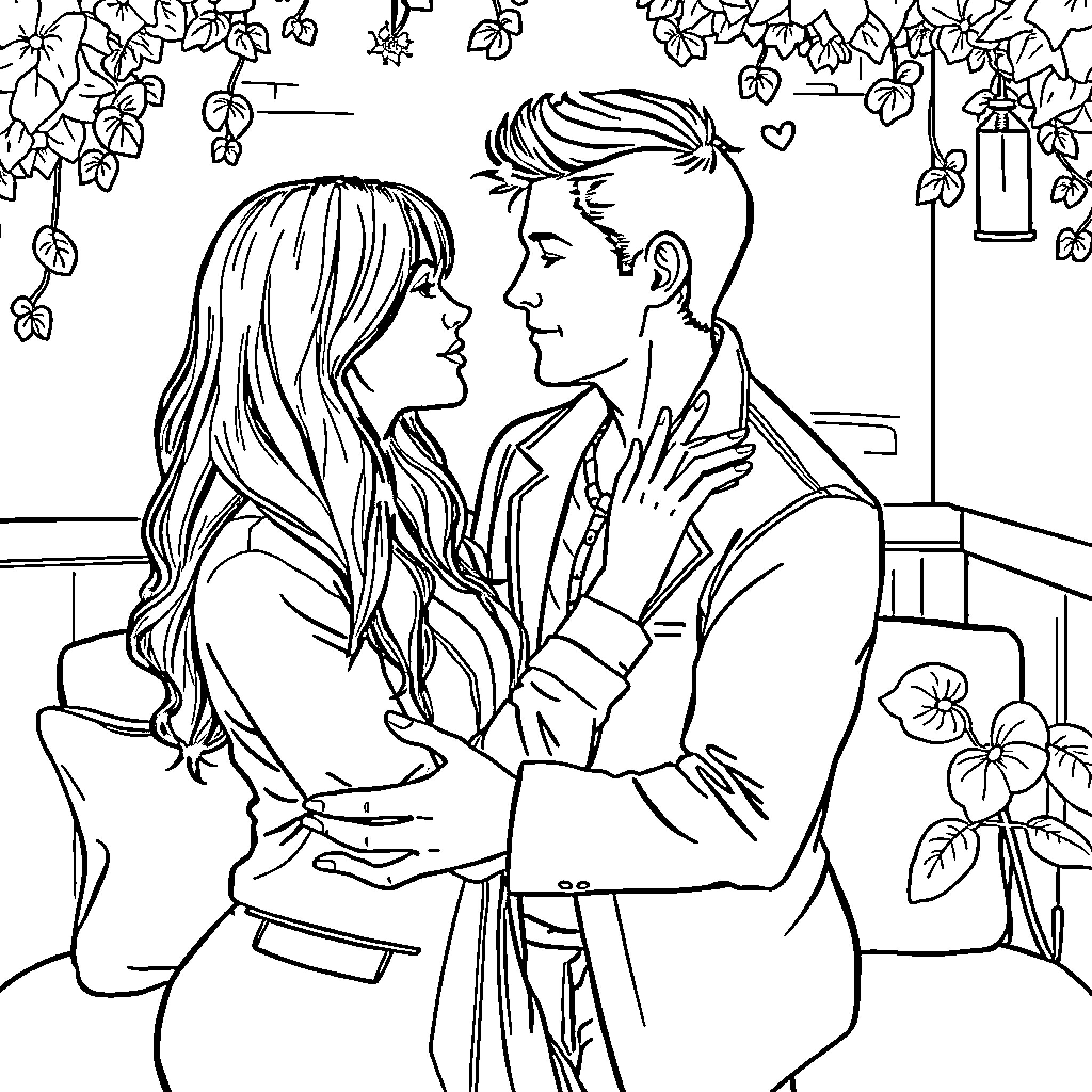 Person embracing lovingly in a floral setting Coloring Page (free black-and-white line drawing printable PDF for all, from beginners to advanced learners, including children, teens, adults, and seniors)