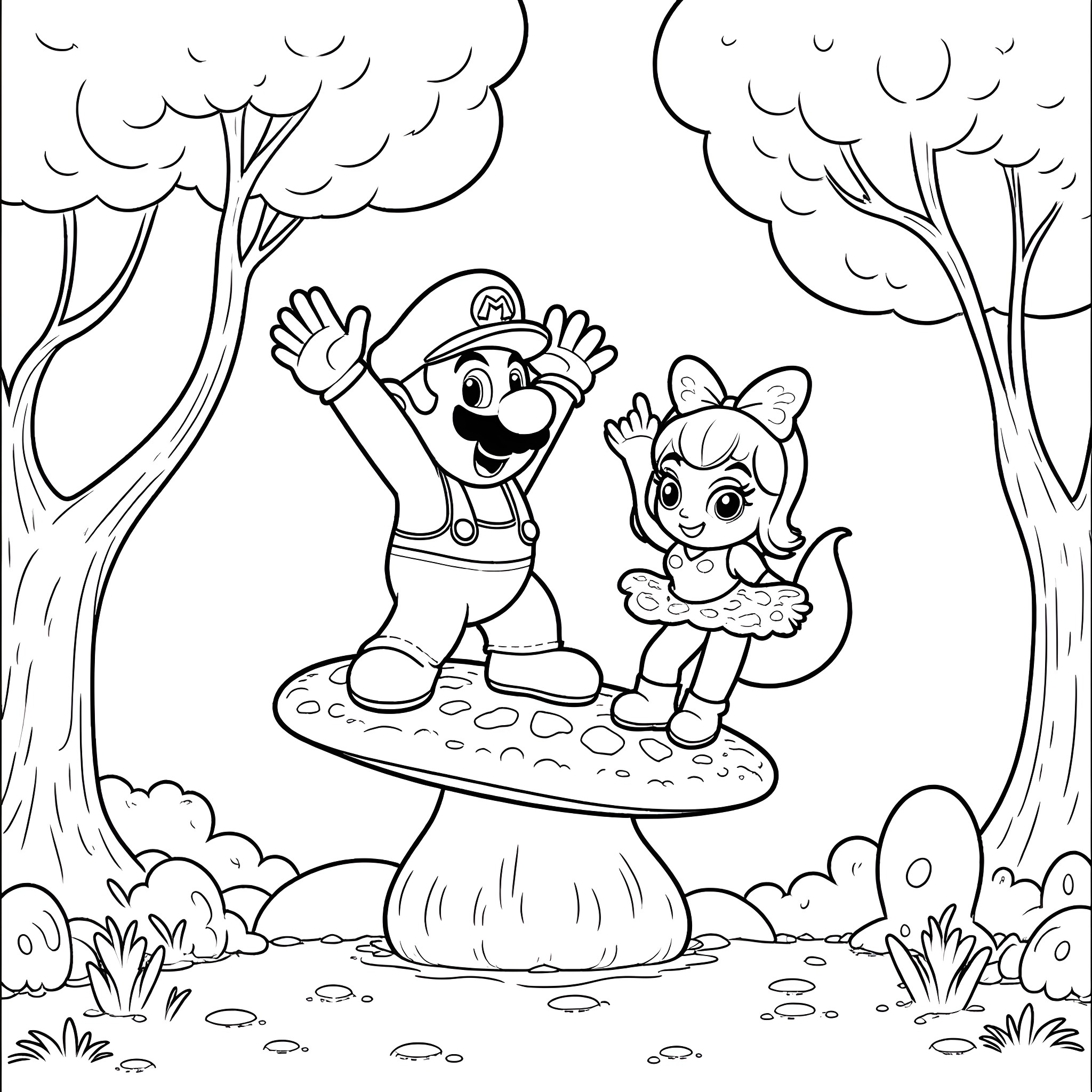 Mario and Peach waving happily in the forest Coloring Page (free black-and-white line drawing printable PDF for all, from beginners to advanced learners, including children, teens, adults, and seniors)