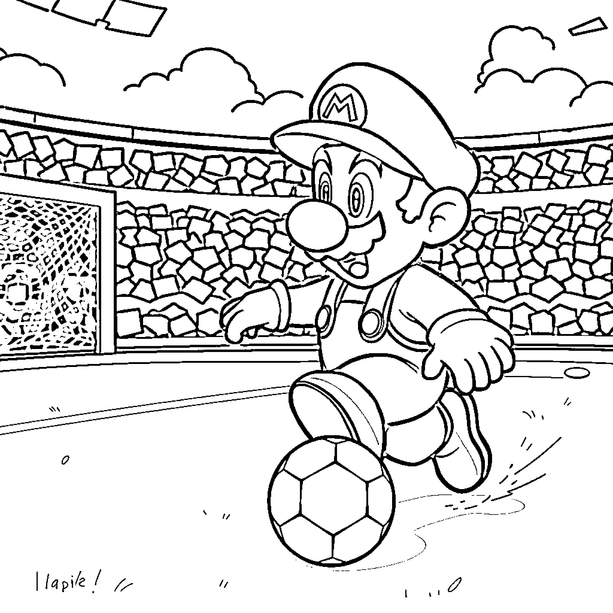 Mario Playing Soccer in the Stadium Coloring Page (free black-and-white line drawing printable PDF for all, from beginners to advanced learners, including children, teens, adults, and seniors)