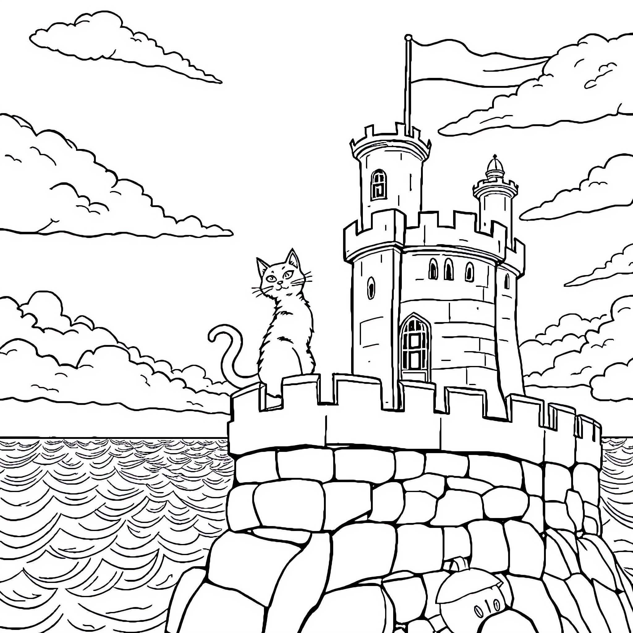 Cat on a Medieval Castle Coloring Page (free black-and-white line drawing printable PDF for all, from beginners to advanced learners, including children, teens, adults, and seniors)
