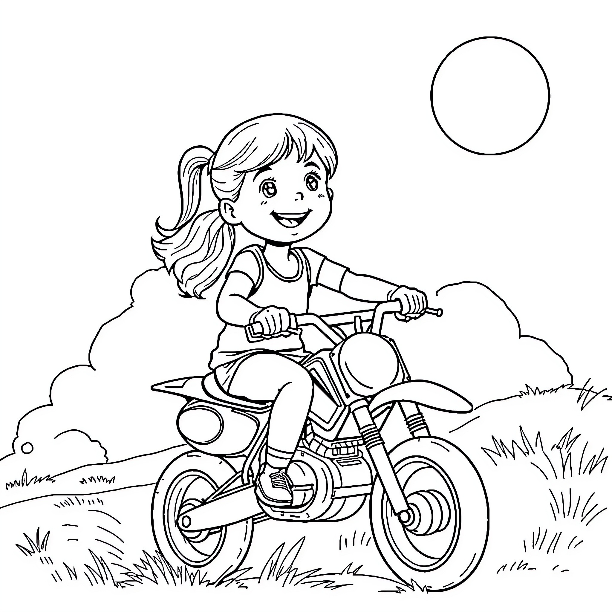 Girl Riding Motorcycle in Outdoor Scene Coloring Page (free black-and-white line drawing printable PDF for all, from beginners to advanced learners, including children, teens, adults, and seniors)