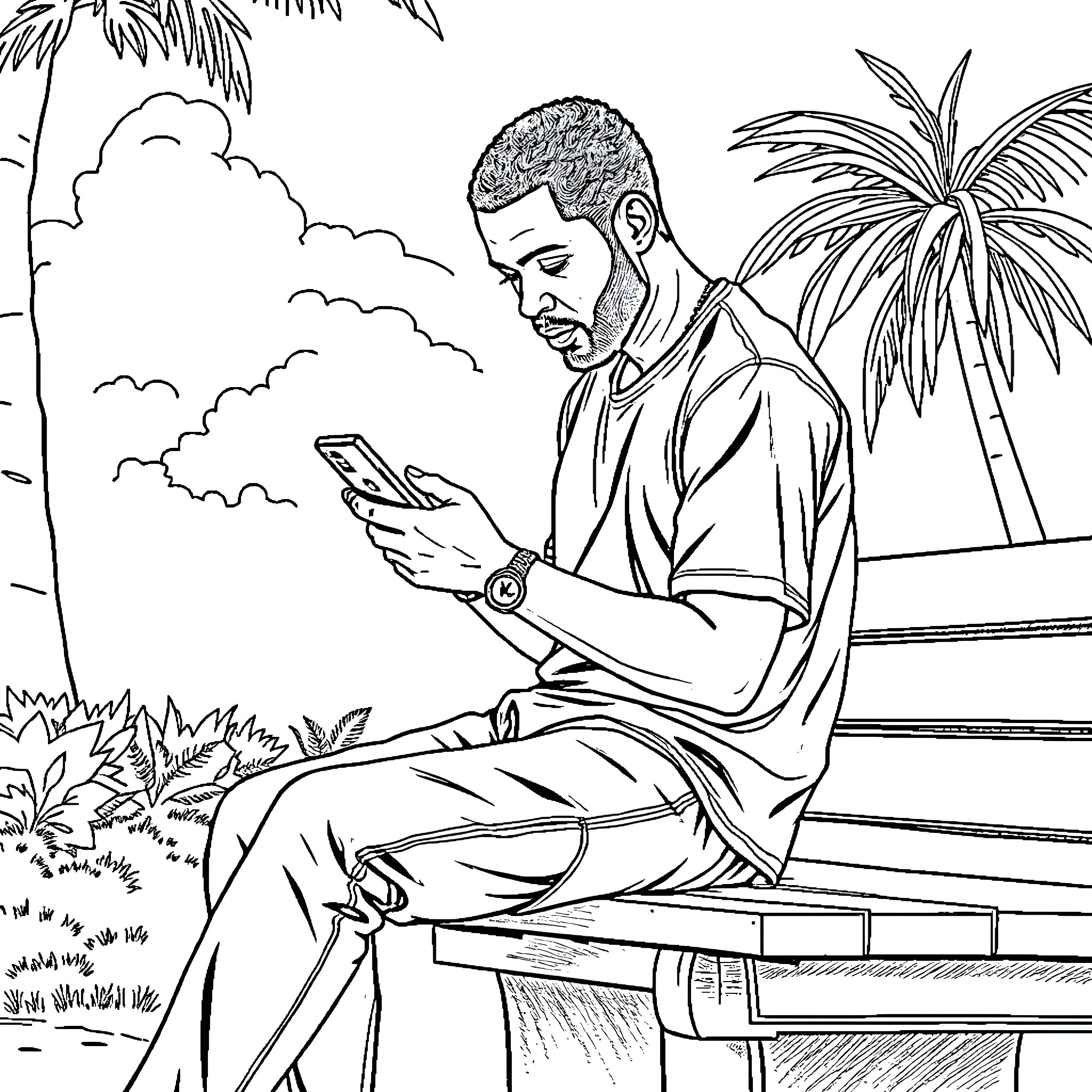 Man enjoying leisure time with mobile device in tropical setting Coloring Page (free black-and-white line drawing printable PDF for all, from beginners to advanced learners, including children, teens, adults, and seniors)