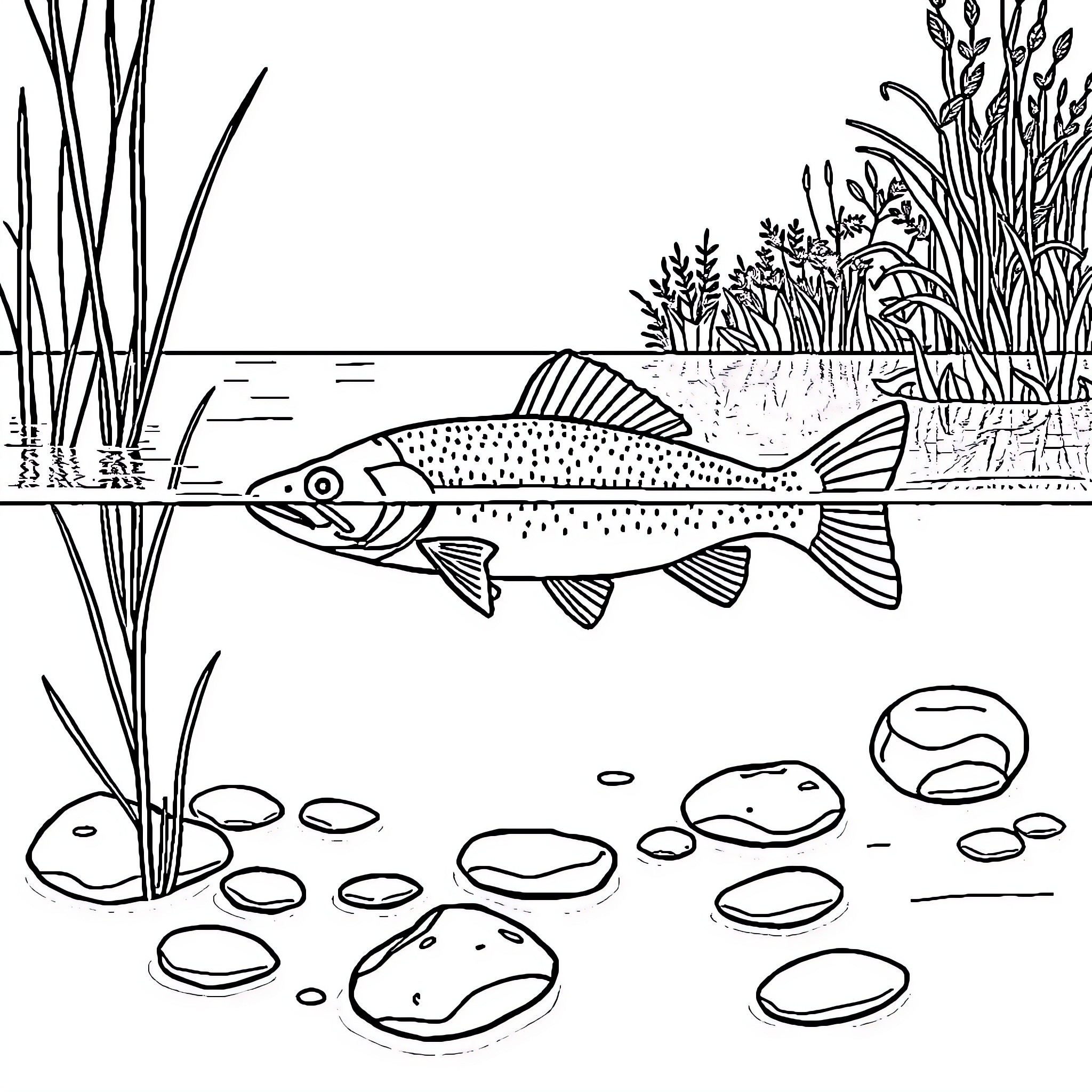 Zander swimming in the tranquil pond Coloring Page (free black-and-white line drawing printable PDF for all, from beginners to advanced learners, including children, teens, adults, and seniors)