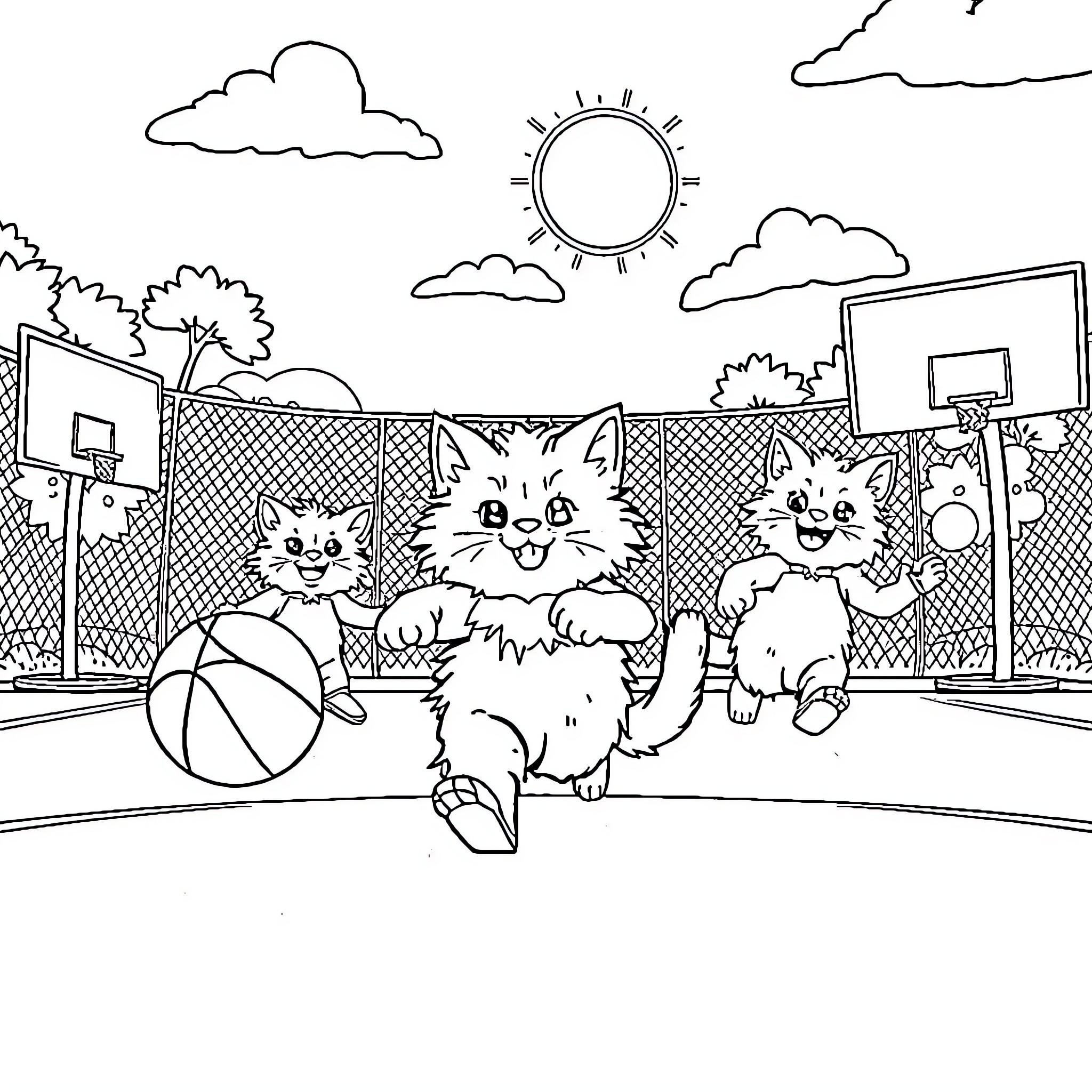 Cat playing with friends in the basketball court Coloring Page (free black-and-white line drawing printable PDF for all, from beginners to advanced learners, including children, teens, adults, and seniors)