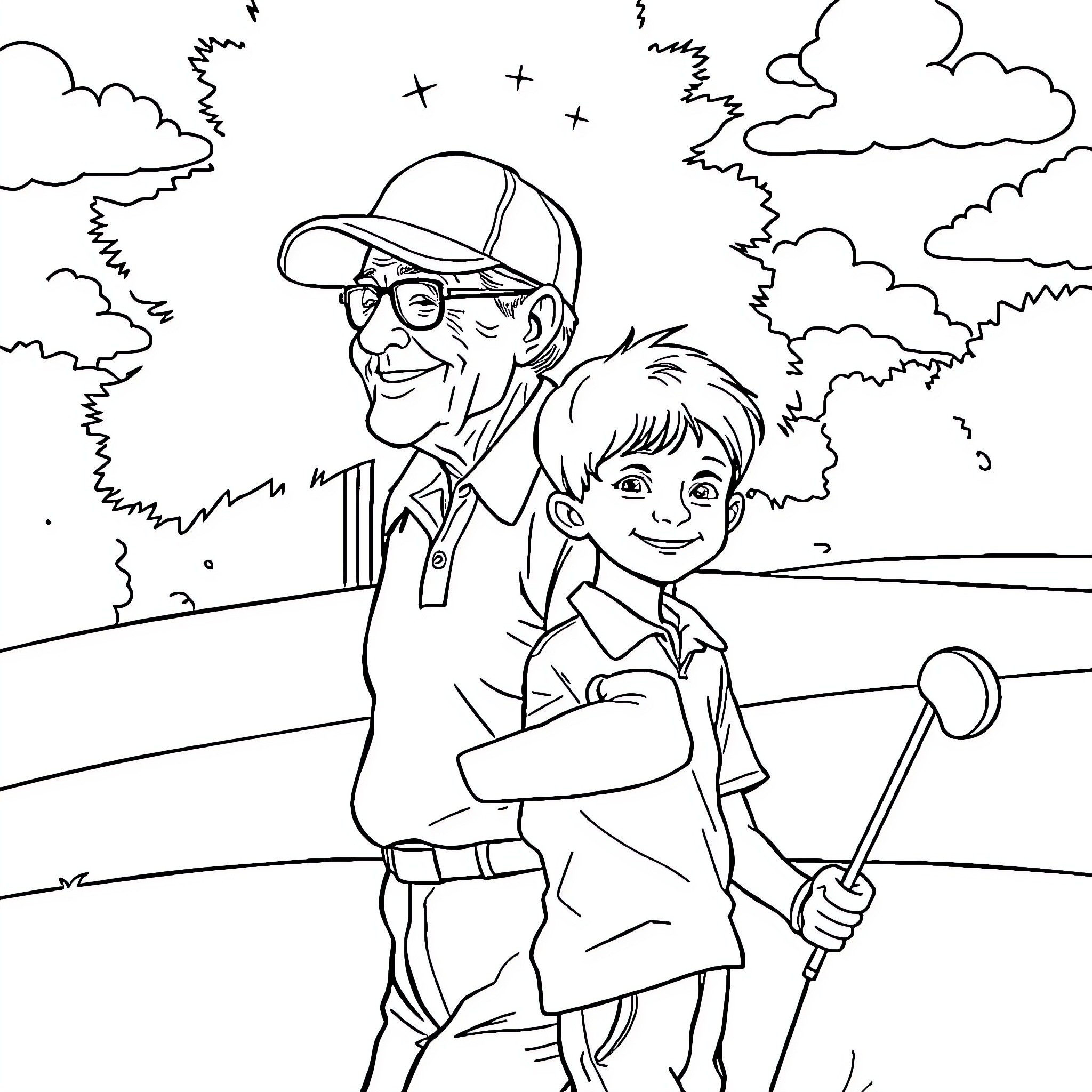 Grandpa and Grandson Enjoying Time Together Outdoors Coloring Page (free black-and-white line drawing printable PDF for all, from beginners to advanced learners, including children, teens, adults, and seniors)