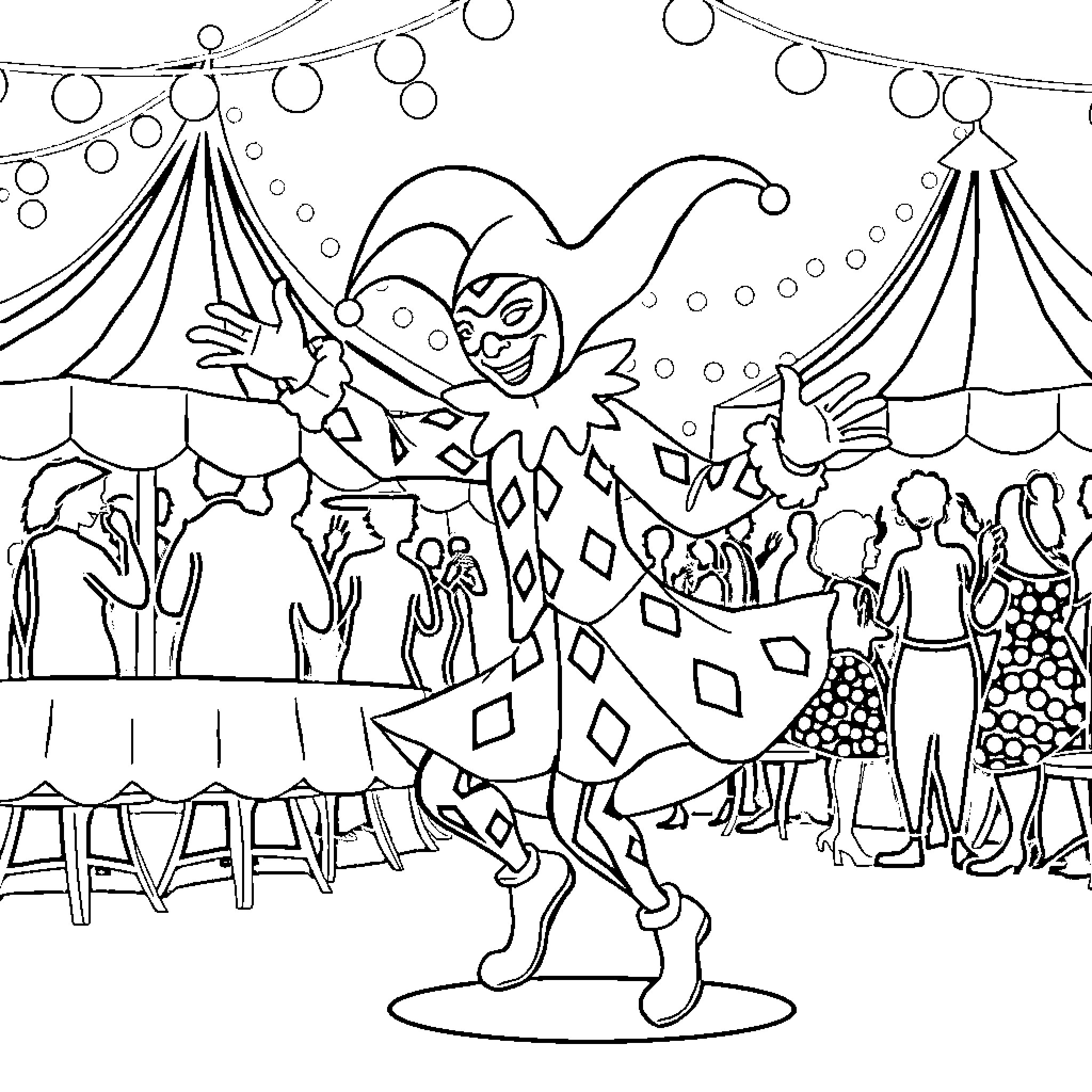 Arlequin's Playful Performance at the Carnival Coloring Page (free black-and-white line drawing printable PDF for all, from beginners to advanced learners, including children, teens, adults, and seniors)