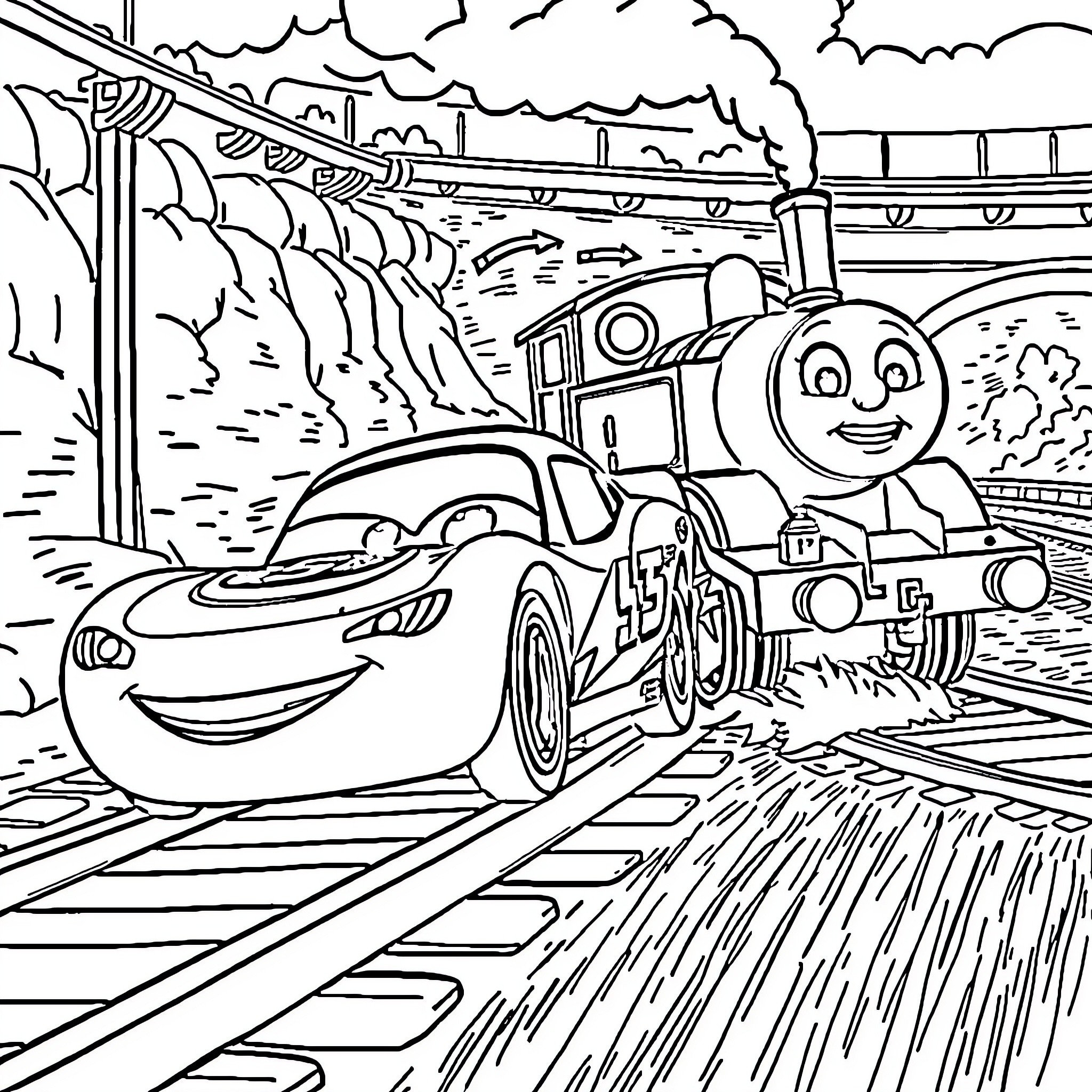 Lightning McQueen races against Thomas the Tank Engine Coloring Page (free black-and-white line drawing printable PDF for all, from beginners to advanced learners, including children, teens, adults, and seniors)