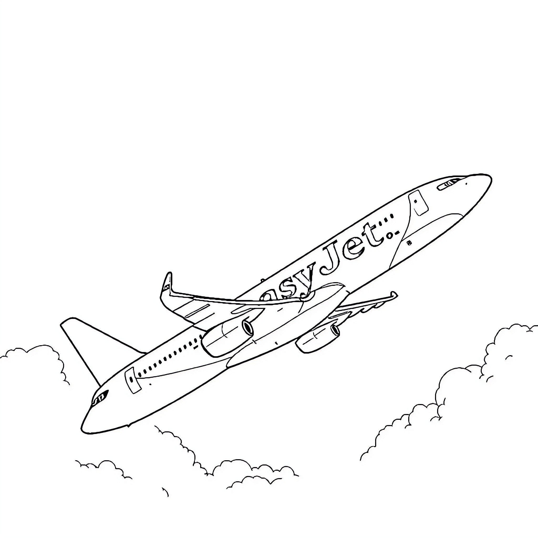 EasyJet aircraft taking off in the clouds Coloring Page (free black-and-white line drawing printable PDF for all, from beginners to advanced learners, including children, teens, adults, and seniors)