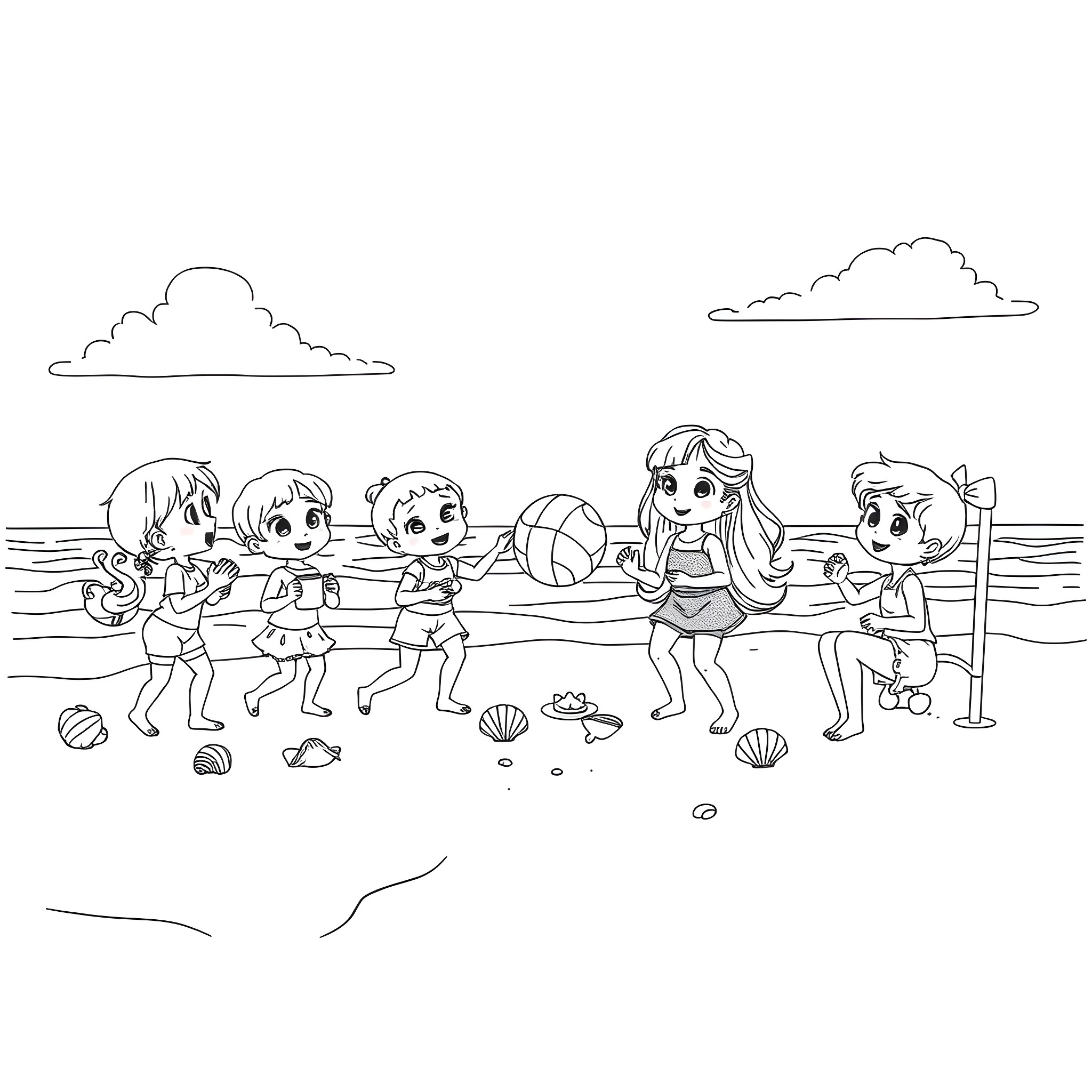 Dollhouse kids playing on the beach Coloring Page (free black-and-white line drawing printable PDF for all, from beginners to advanced learners, including children, teens, adults, and seniors)