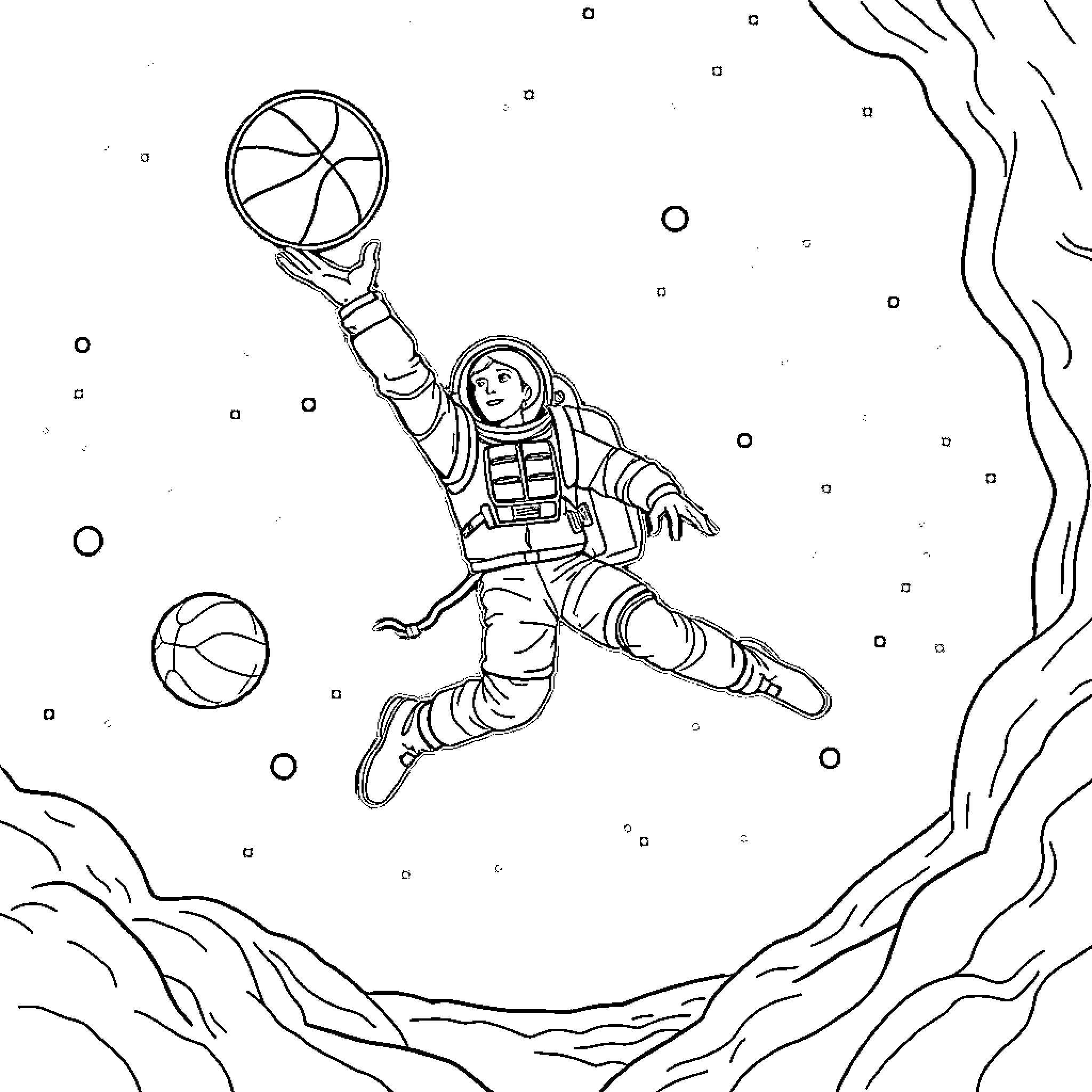Spaceman floating in zero-gravity environment Coloring Page (free black-and-white line drawing printable PDF for all, from beginners to advanced learners, including children, teens, adults, and seniors)